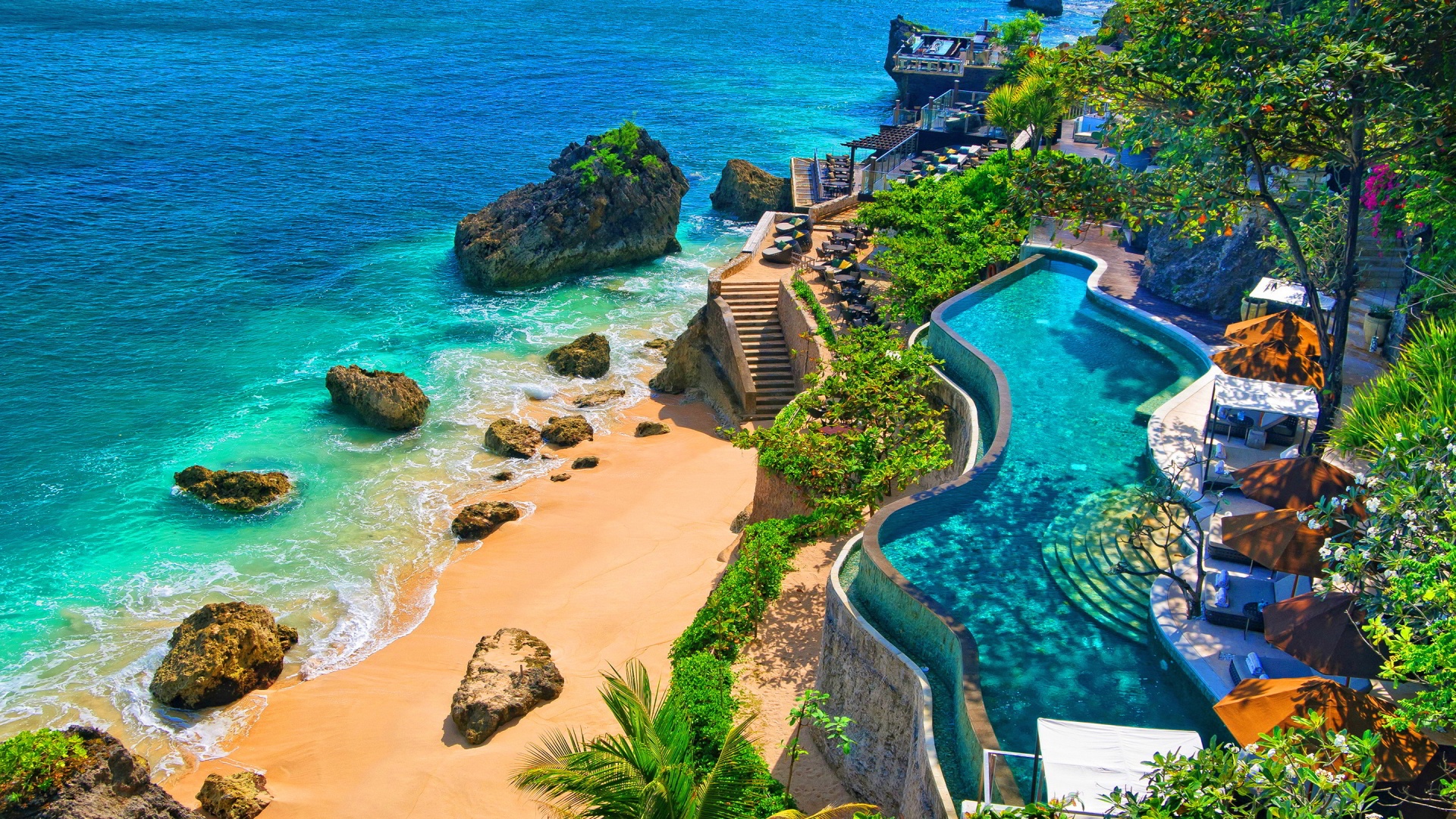 Handy-Wallpaper Strand, Ozean, Bali, Tropisch, Indonesien, Schwimmbad, Menschengemacht, Urlaubsort kostenlos herunterladen.