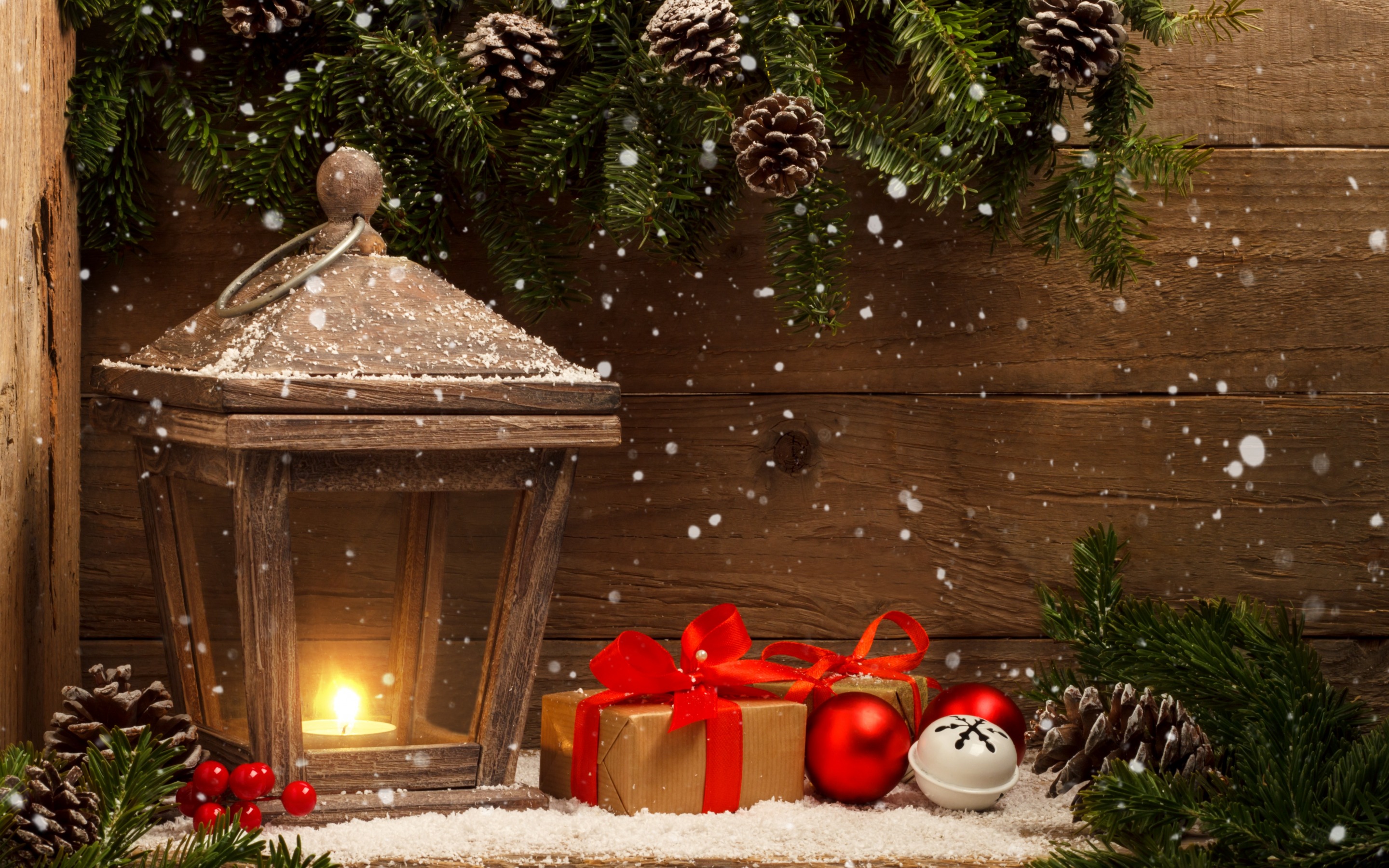 holiday, christmas, christmas ornaments, gift, lantern, light, snow, wooden 1080p