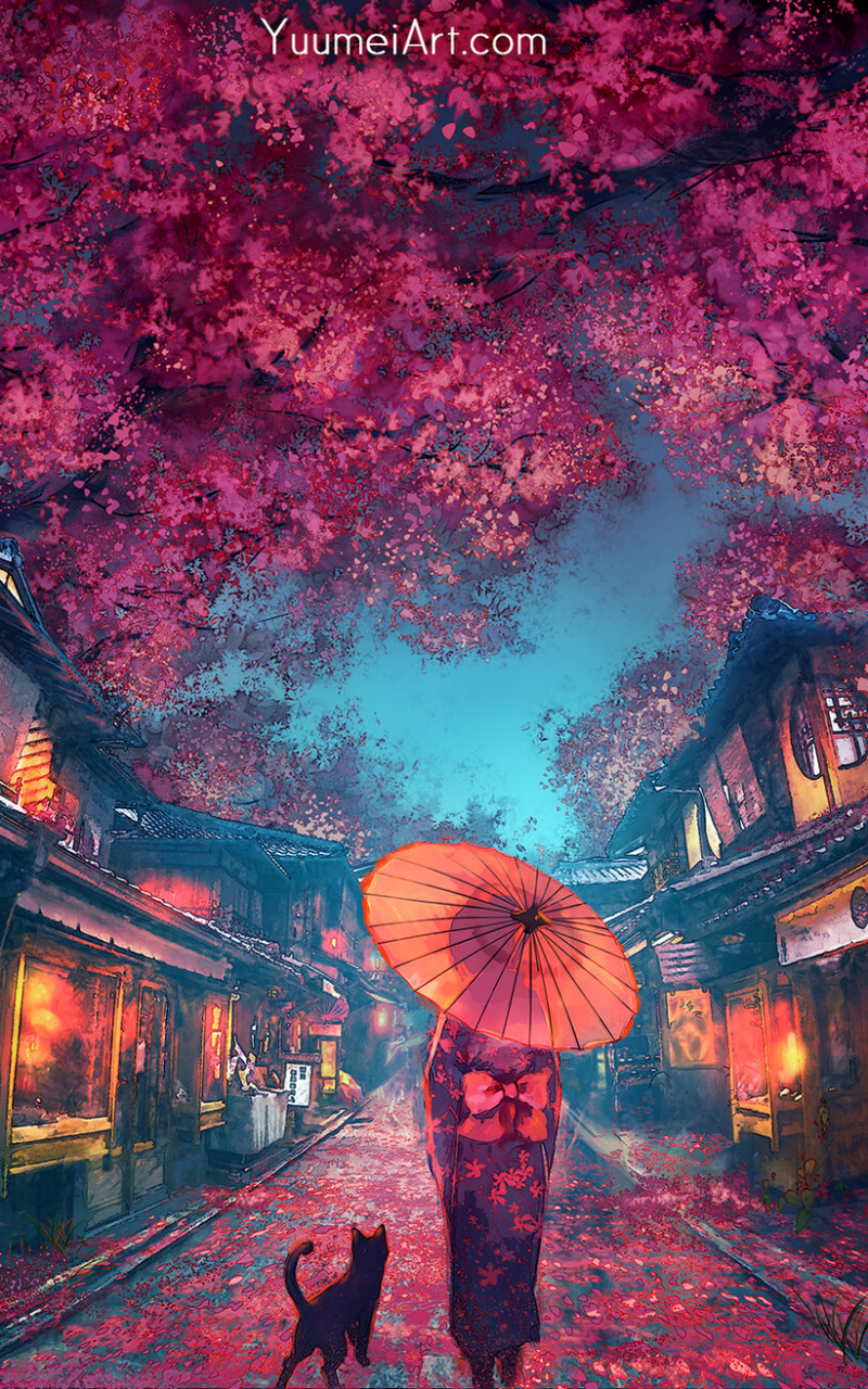 Download mobile wallpaper Anime, Sakura, Girl, Street, Kimono, Parasol for free.
