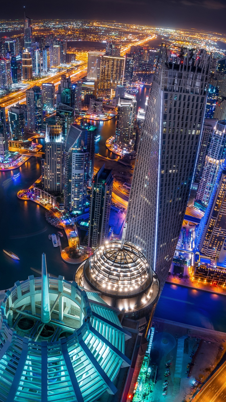 Скачать картинку Города, Ночь, Небоскреб, Дубай, Городской Пейзаж, Воздушный, Антенна, Небоскрёб, Сделано Человеком в телефон бесплатно.