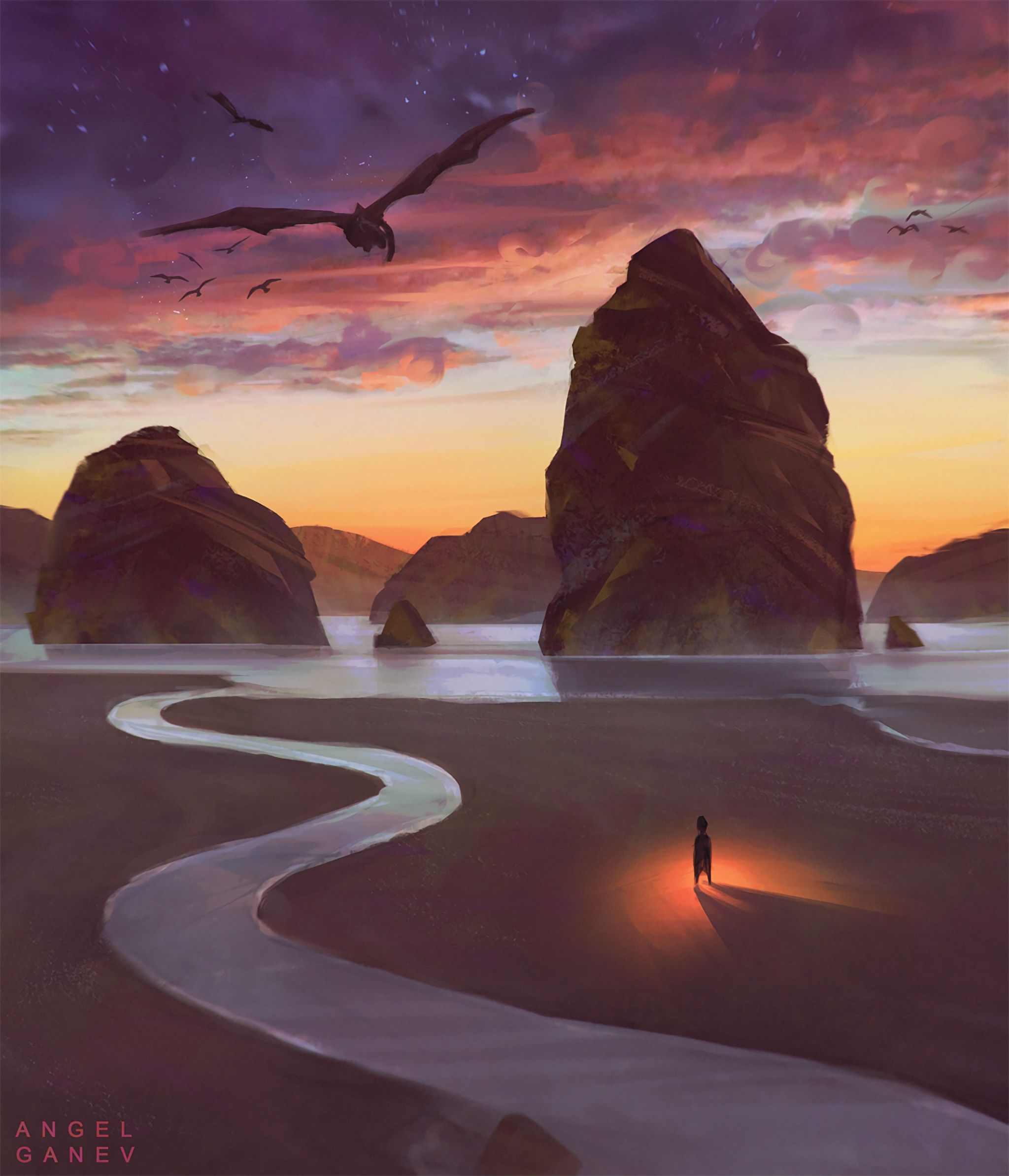 Free download wallpaper Art, Rocks, Silhouette, That's Incredible, Fiction, Beach, Dragons on your PC desktop