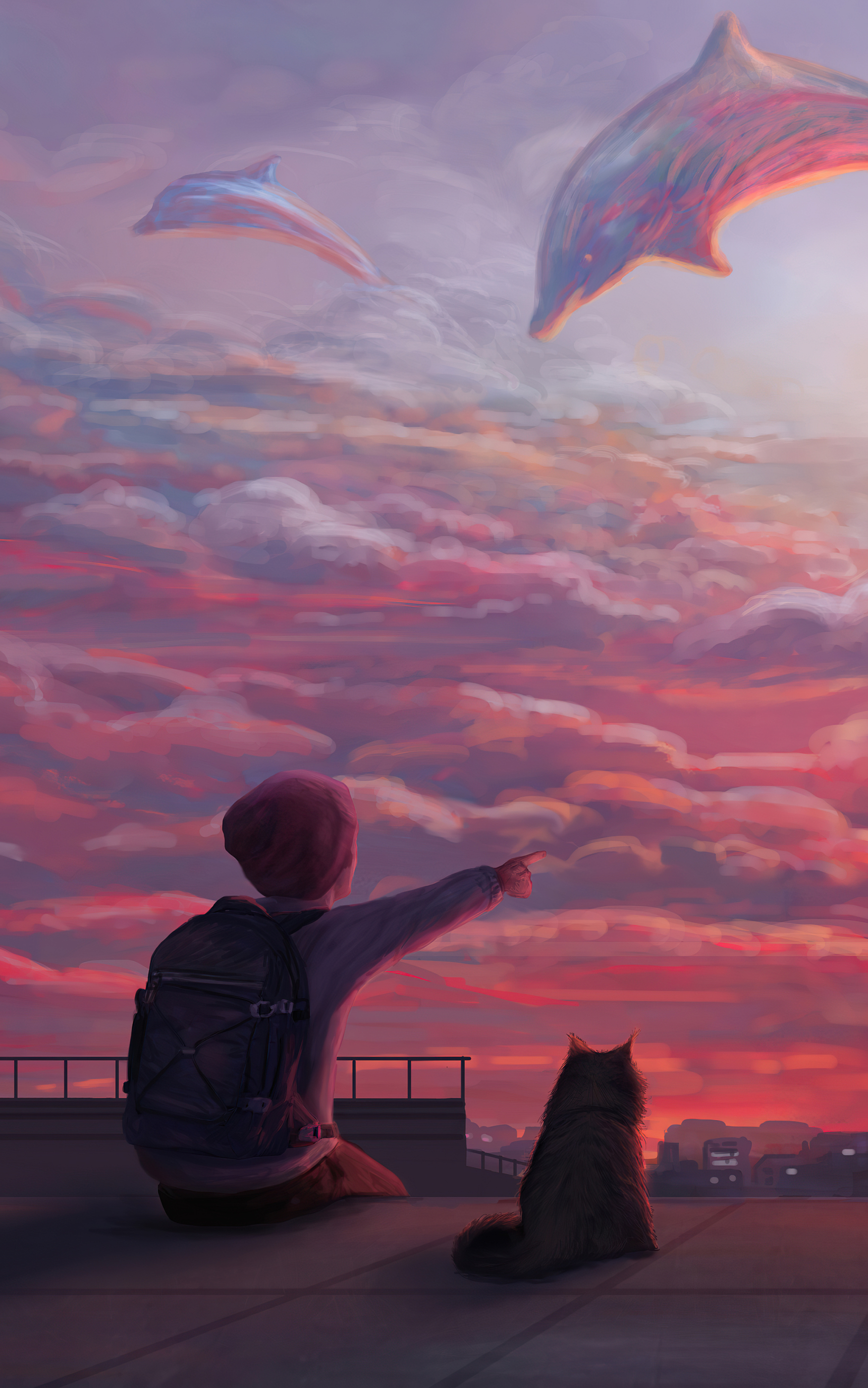 Download mobile wallpaper Fantasy, Sunset, Sky, Cat, Cloud, Dolphin, Child for free.