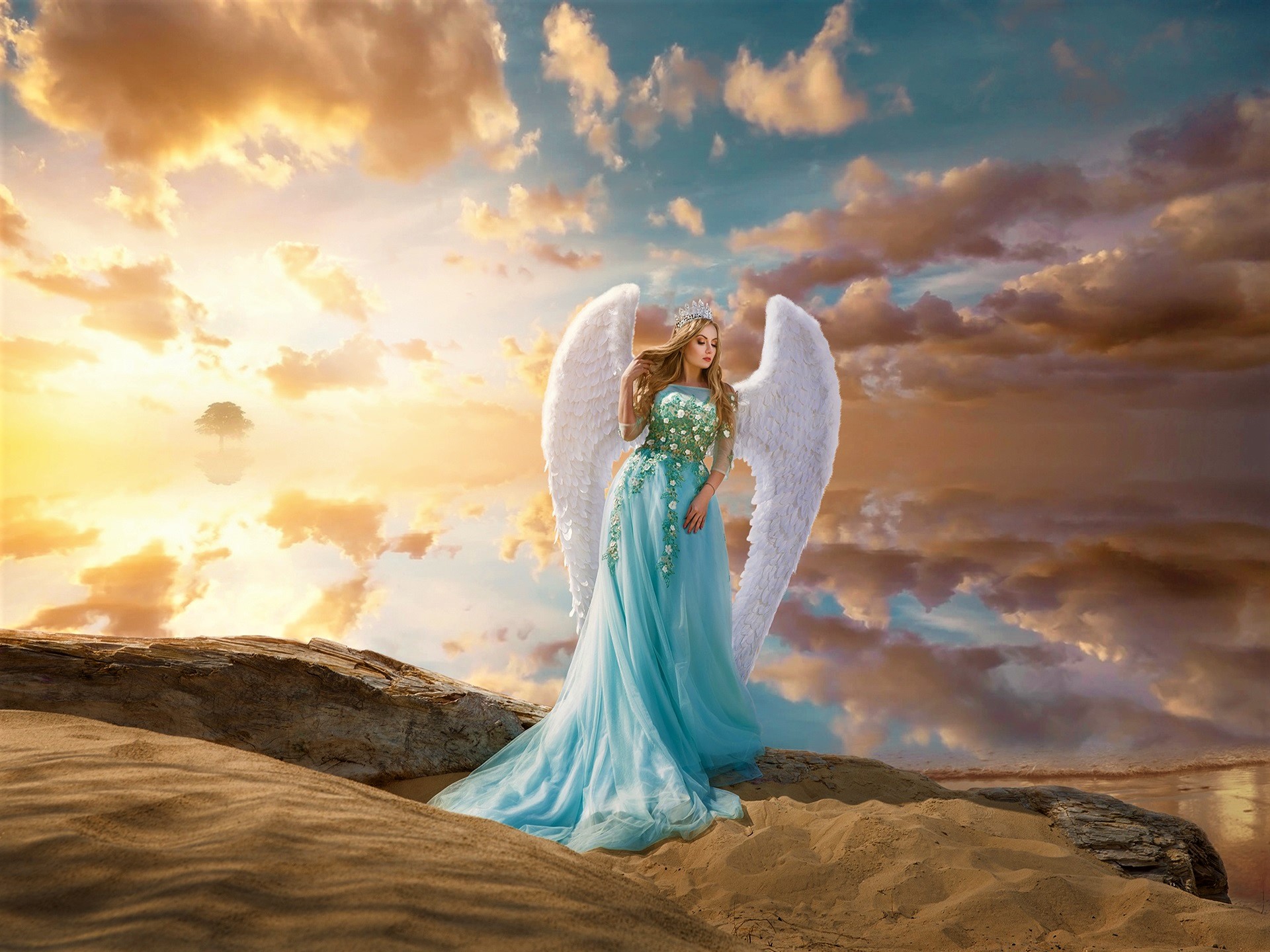Download mobile wallpaper Fantasy, Sand, Crown, Wings, Angel, Cloud, Blonde, Blue Dress for free.