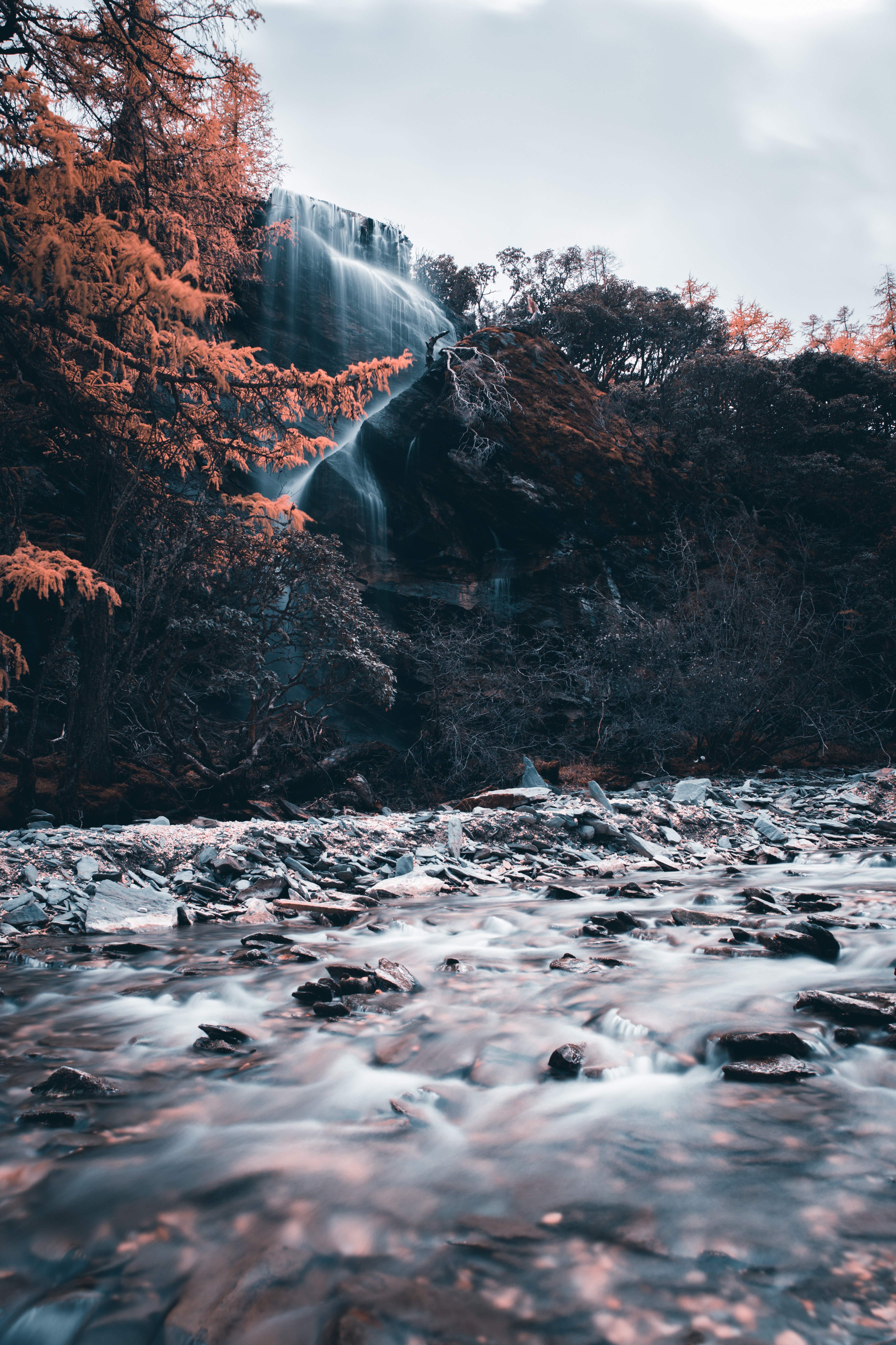 Download mobile wallpaper Precipice, Break, Stones, Rivers, Trees, Waterfall, Nature, Water for free.