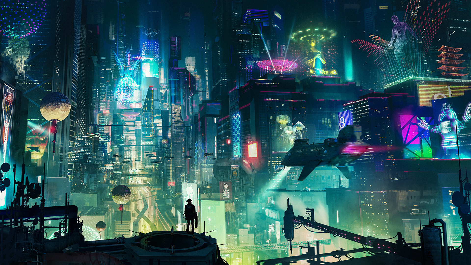 cyberpunk cityscape, sci fi, city, light, night, people