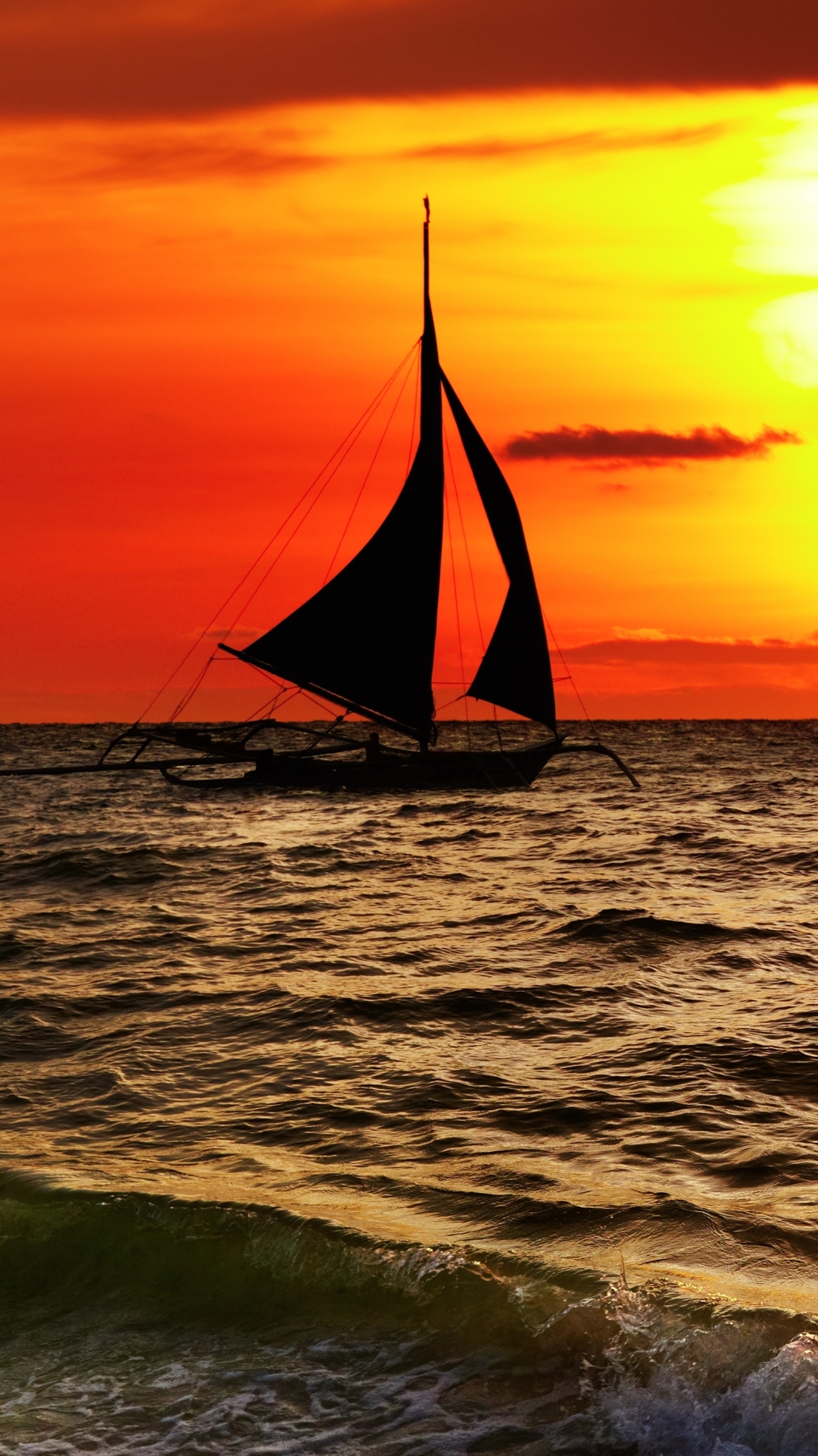 Download mobile wallpaper Sunset, Sea, Sailboat, Vehicles for free.