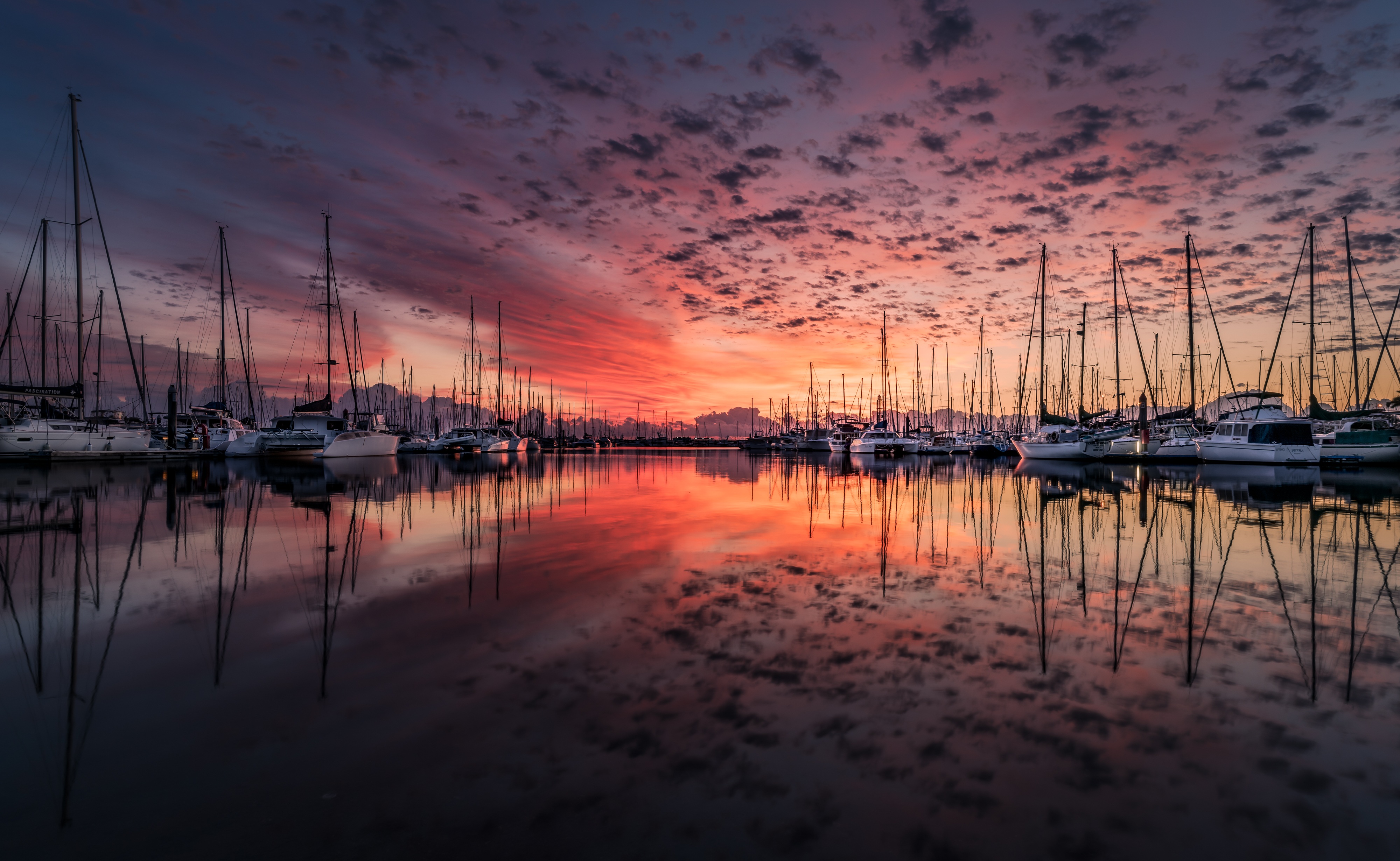 Download mobile wallpaper Sky, Reflection, Sunrise, Yacht, Harbor, Vehicle, Man Made for free.