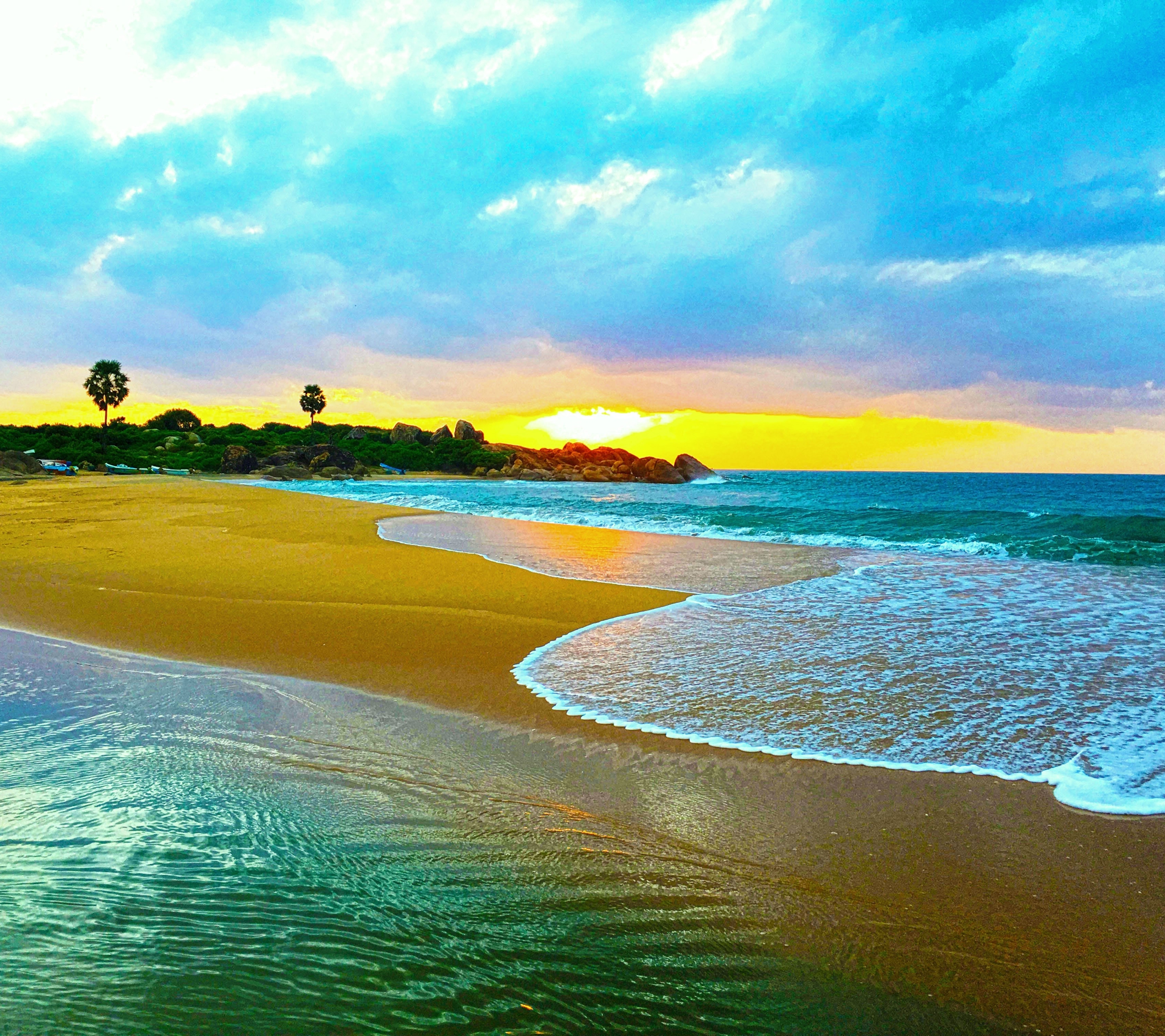 Free download wallpaper Sunset, Sky, Beach, Sand, Horizon, Ocean, Earth, Tropical, Palm Tree on your PC desktop