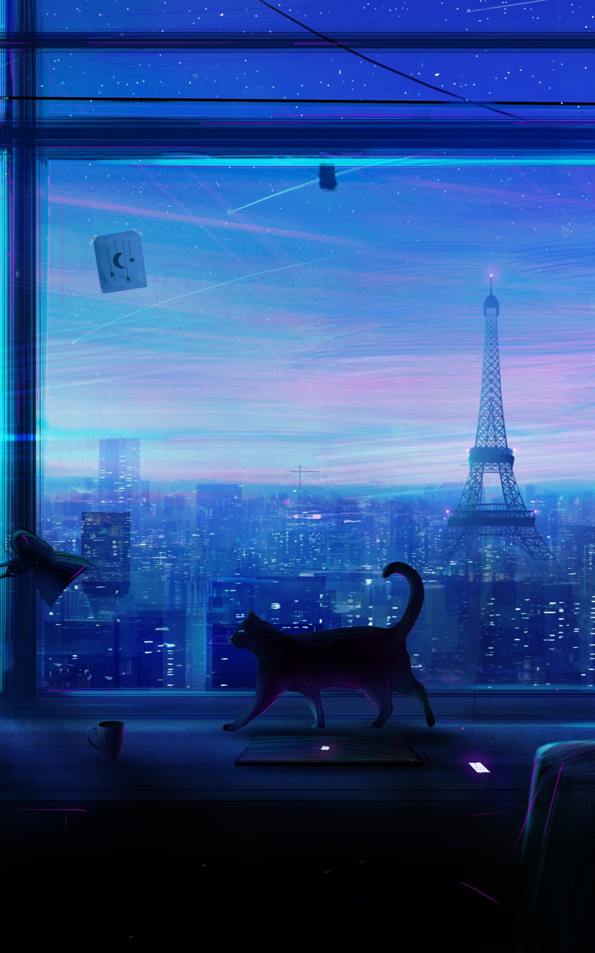 Download mobile wallpaper Anime, Sky, Stars, City, Cat for free.