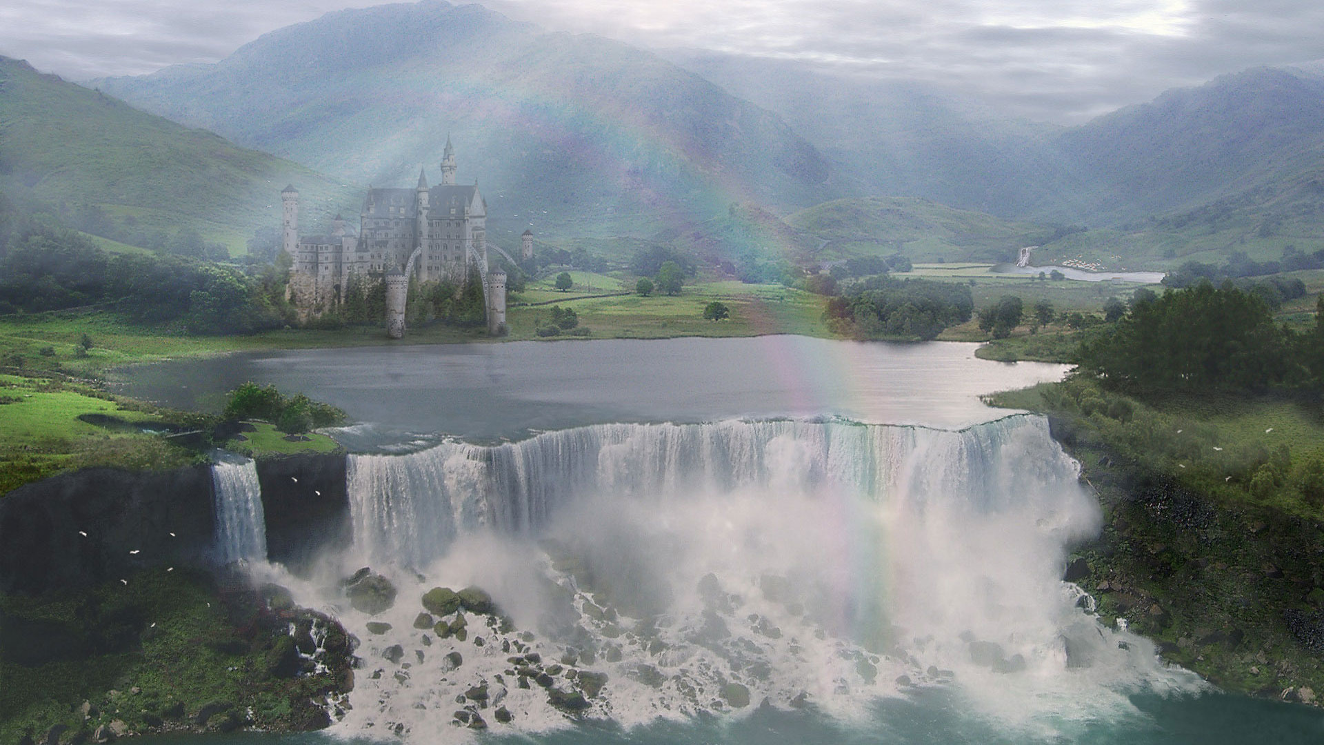 Handy-Wallpaper Fantasie, Schlösser, Wasserfall, Schloss kostenlos herunterladen.