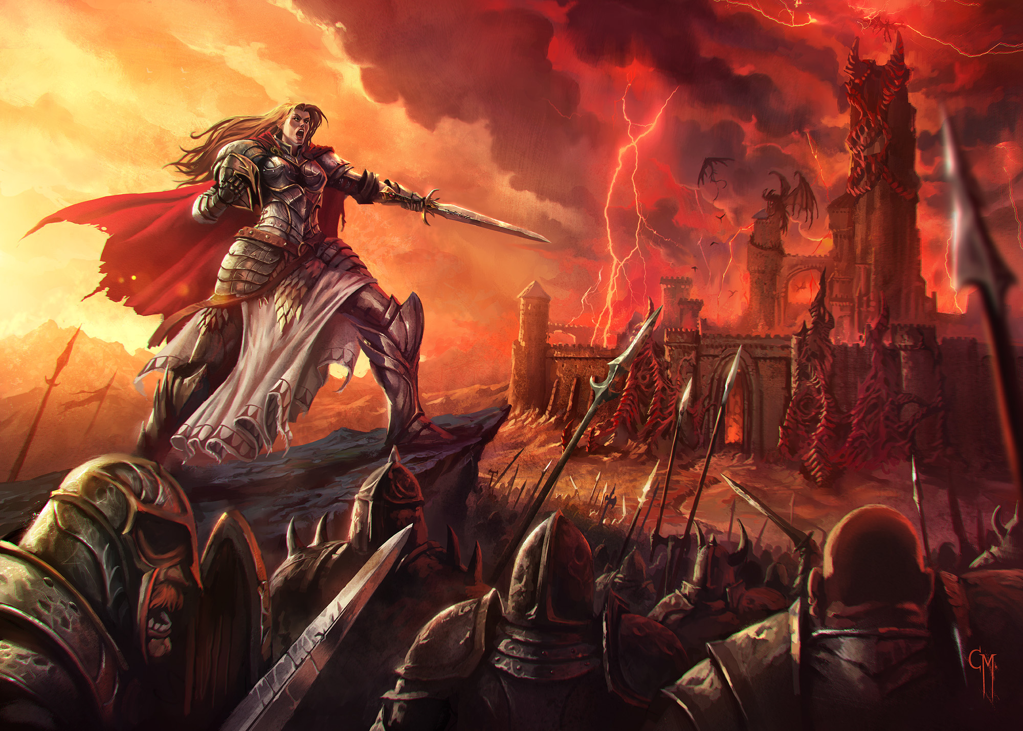 Download mobile wallpaper Fantasy, Dragon, Knight, Battle, Armor, Sword, Castle, Woman Warrior for free.