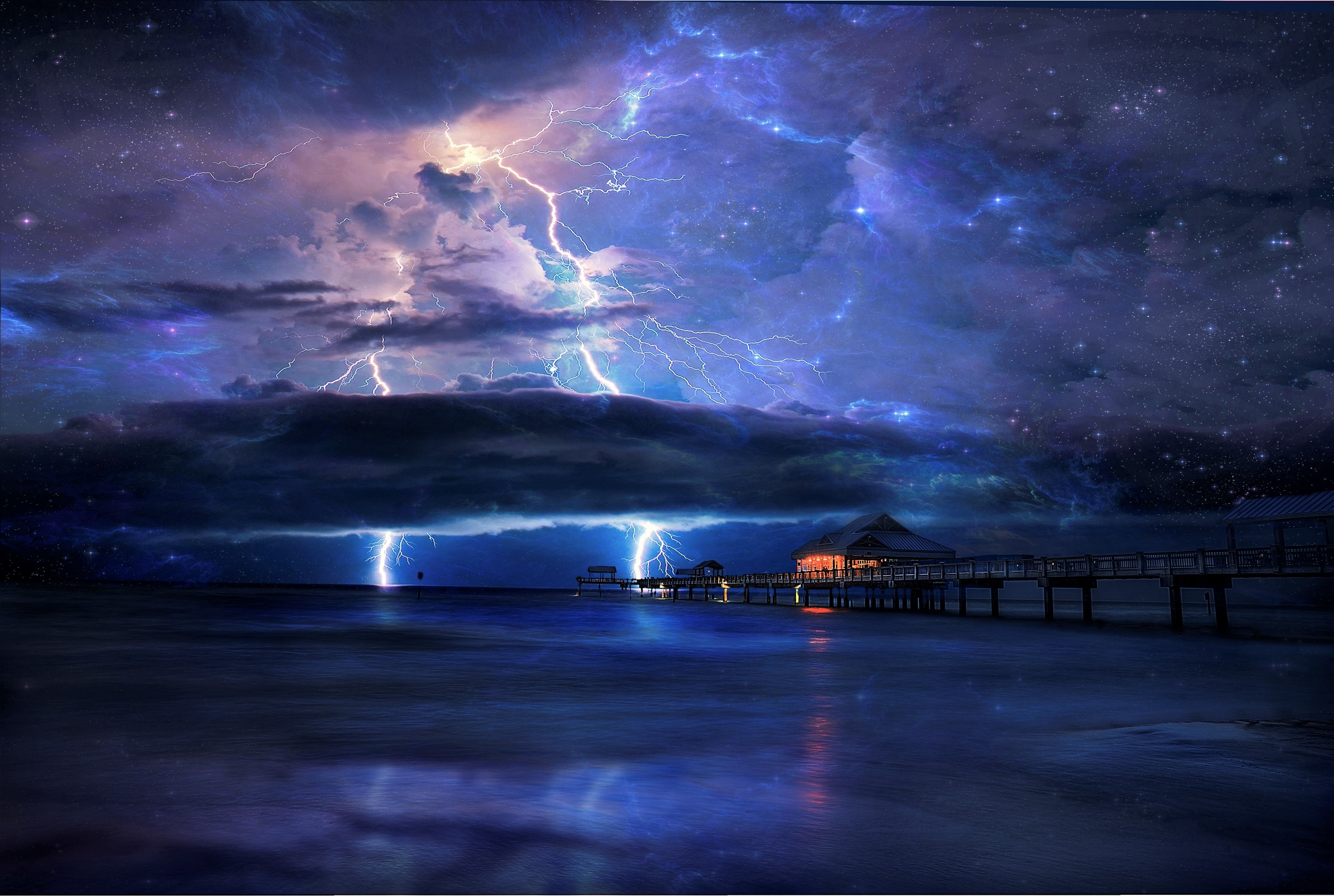 Free download wallpaper Sky, Sea, Lightning, Horizon, Pier, Ocean, Nebula, Artistic, Cloud on your PC desktop