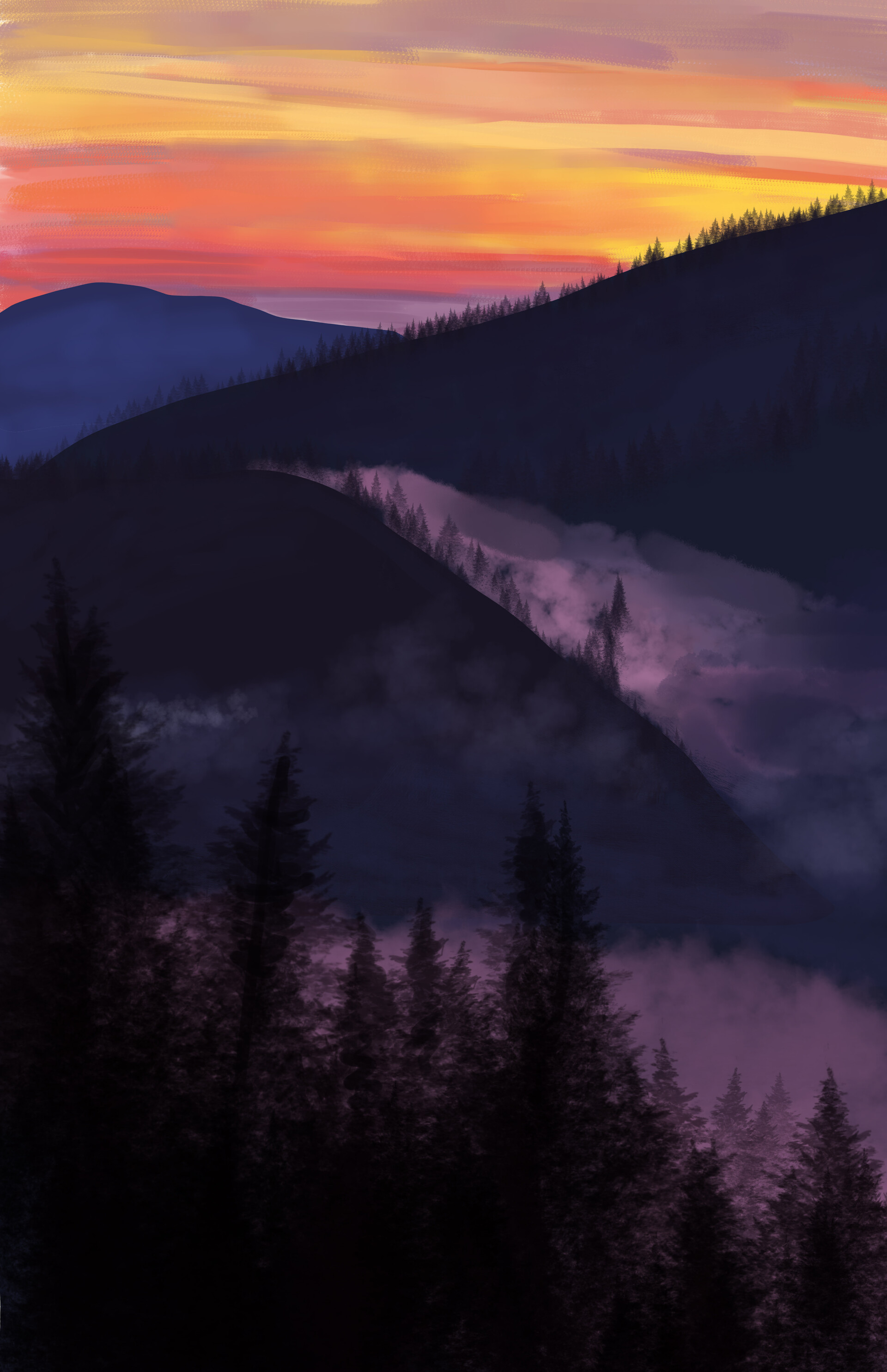 Laden Sie das Bäume, Nebel, Die Hügel, Hügel, Kunst-Bild kostenlos auf Ihren PC-Desktop herunter