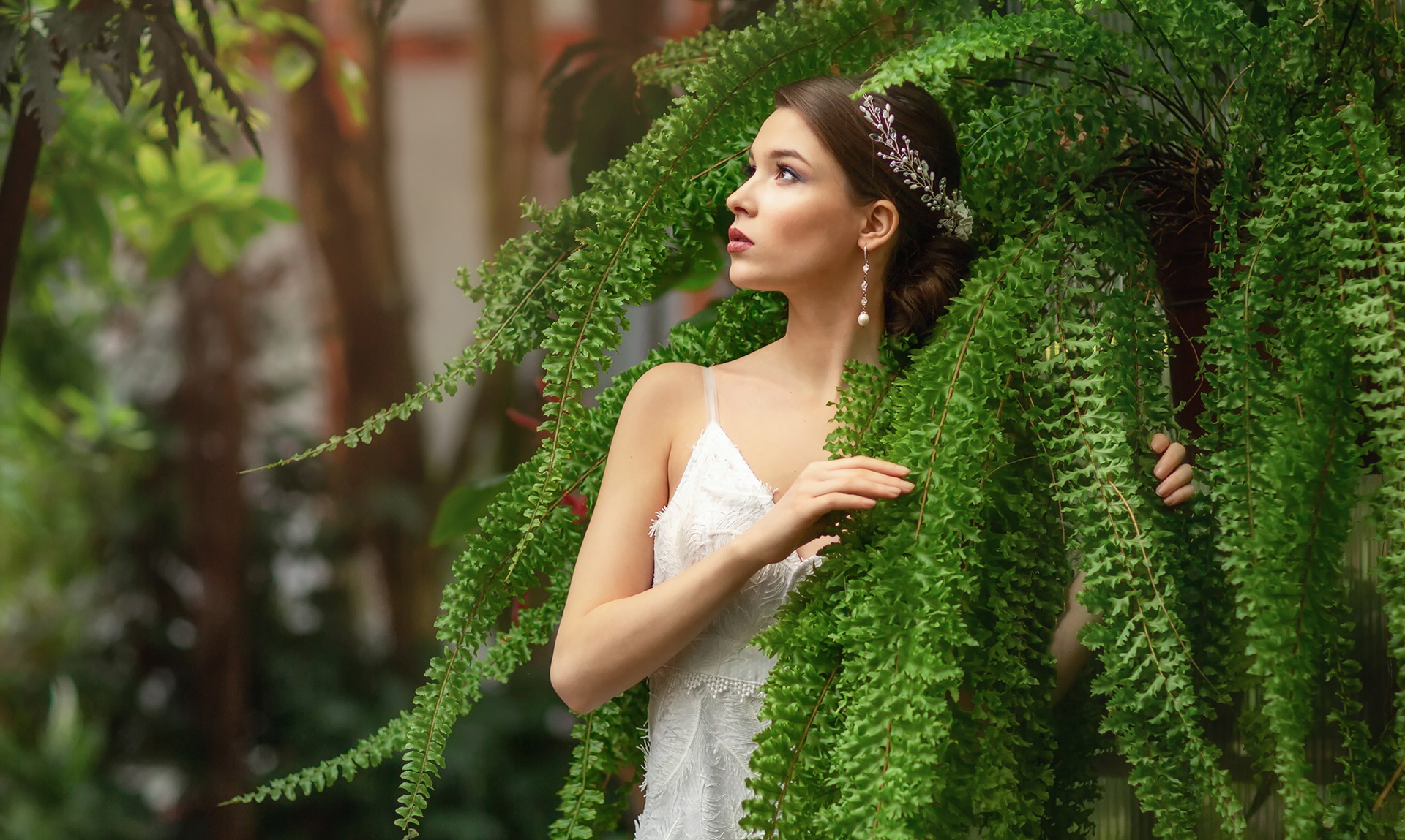 Download mobile wallpaper Mood, Brunette, Model, Women, Depth Of Field, White Dress for free.