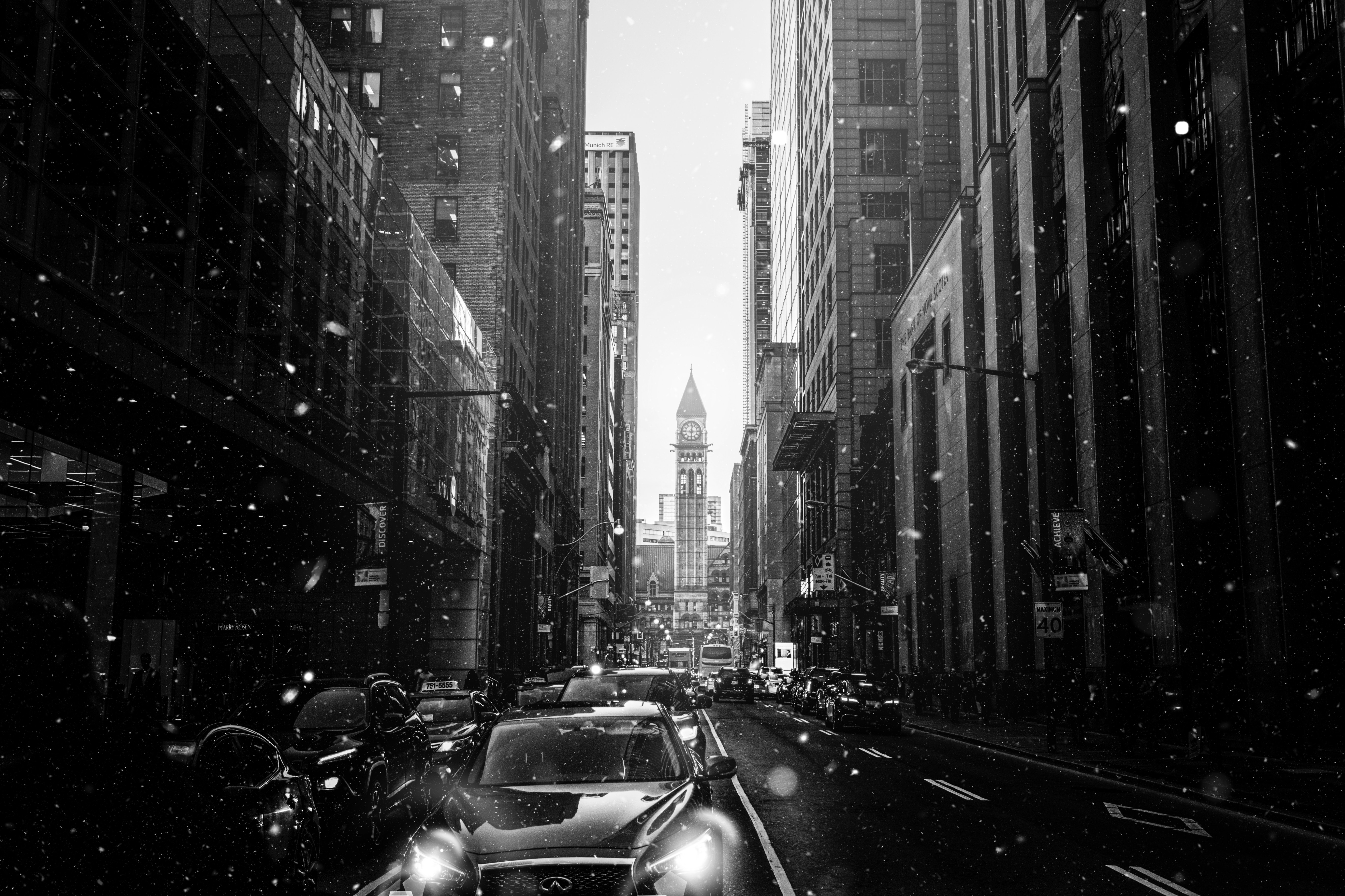 Free download wallpaper Cities, Auto, Snow, Bw, Snowfall, City, Street, Chb on your PC desktop