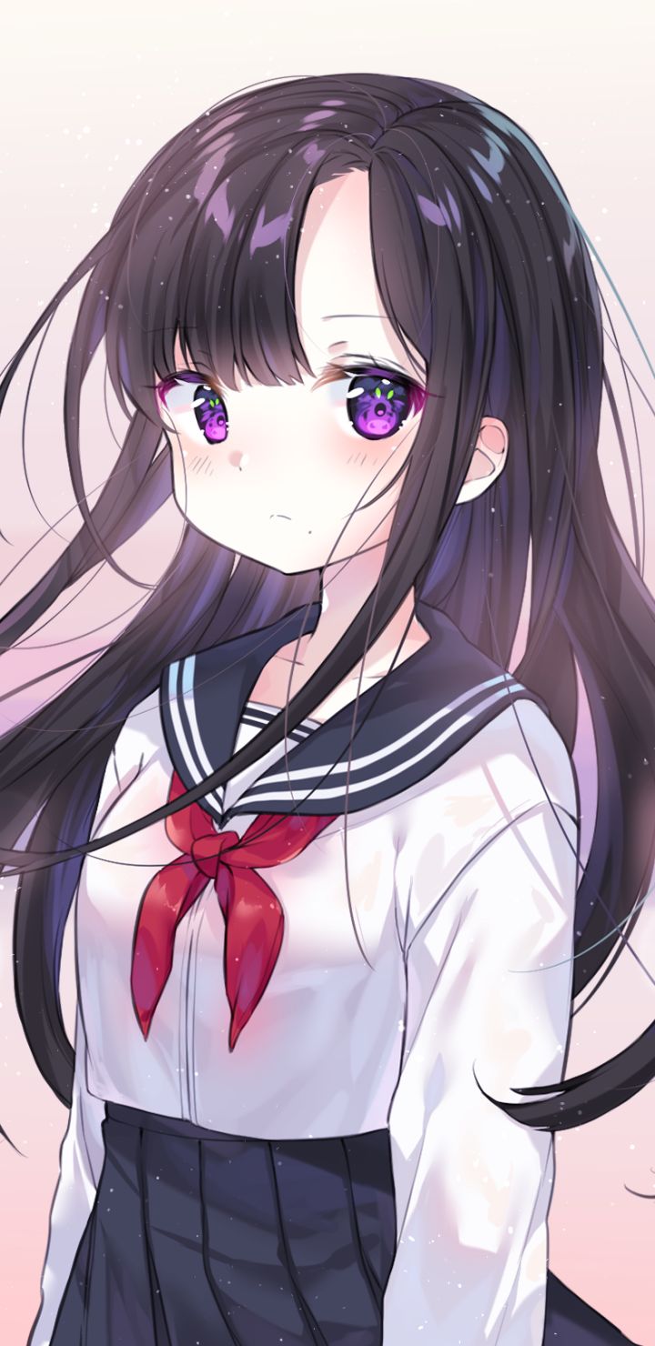 Download mobile wallpaper Anime, Original, School Uniform, Black Hair, Long Hair, Purple Eyes for free.