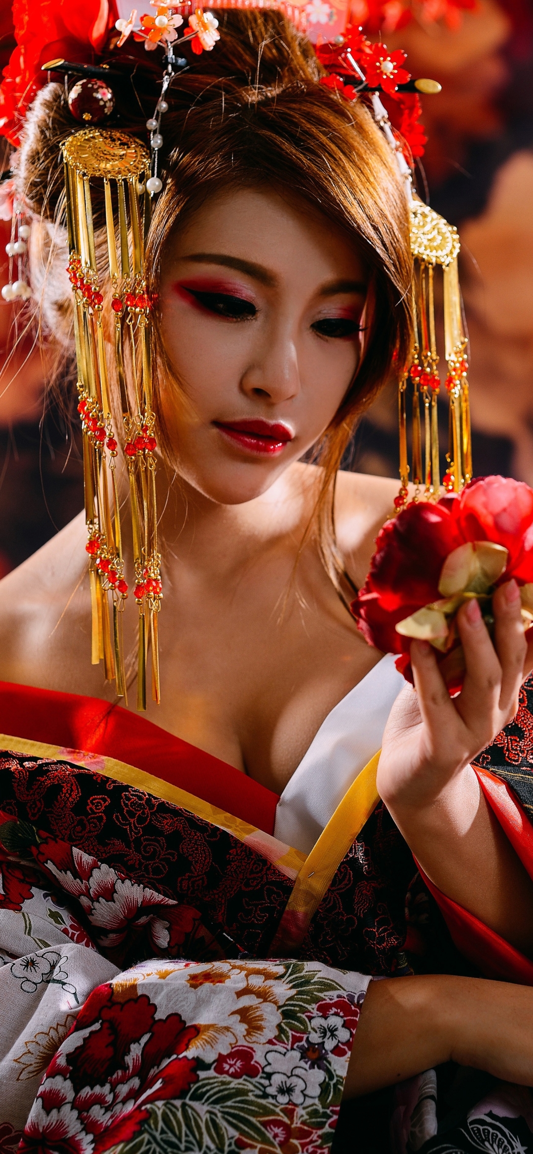 Download mobile wallpaper Kimono, Brunette, Model, Women, Headdress, Asian, Lipstick for free.