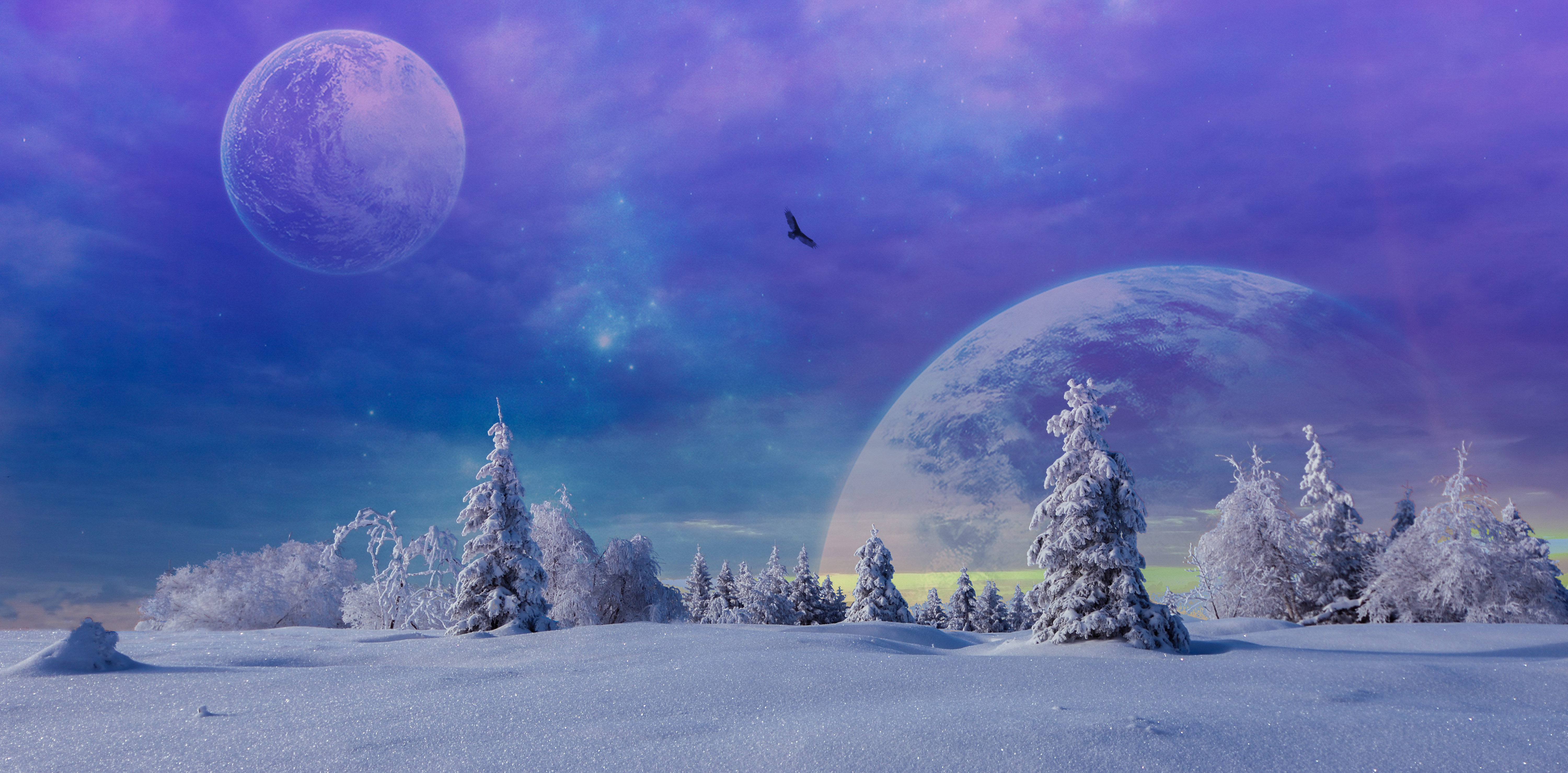 Скачать картинку Зима, Фэнтези, Луна, Снег, Планета в телефон бесплатно.