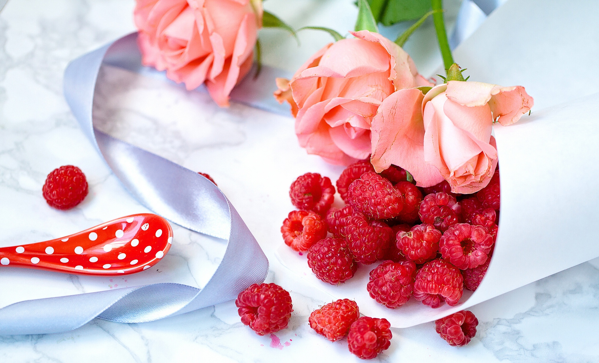 Download mobile wallpaper Fruits, Food, Raspberry, Flower, Rose, Berry, Fruit, Pink Flower for free.