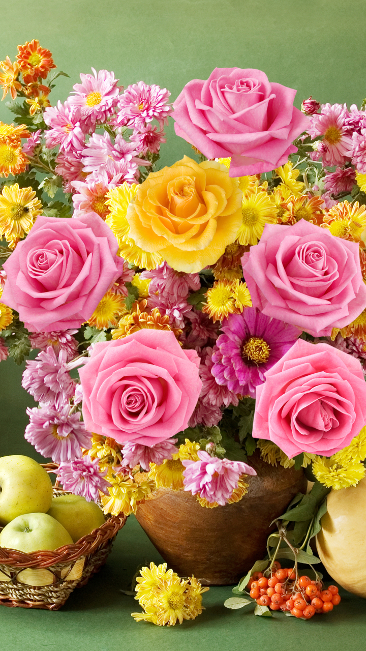 Download mobile wallpaper Still Life, Flower, Rose, Berry, Vase, Photography, Yellow Flower, Pink Flower for free.