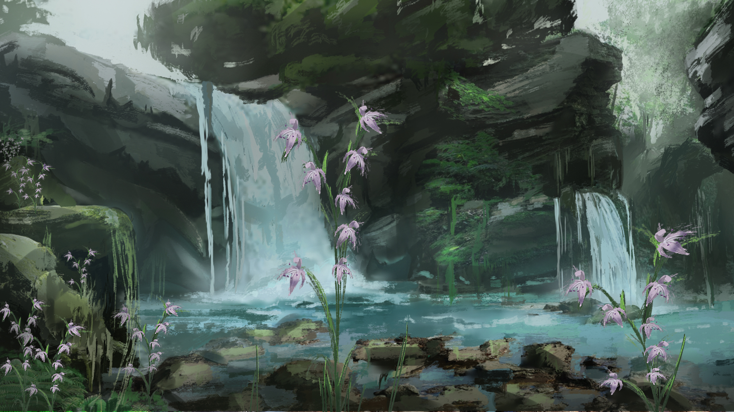 Laden Sie das Natur, Fantasie, Blume, Wasserfall-Bild kostenlos auf Ihren PC-Desktop herunter