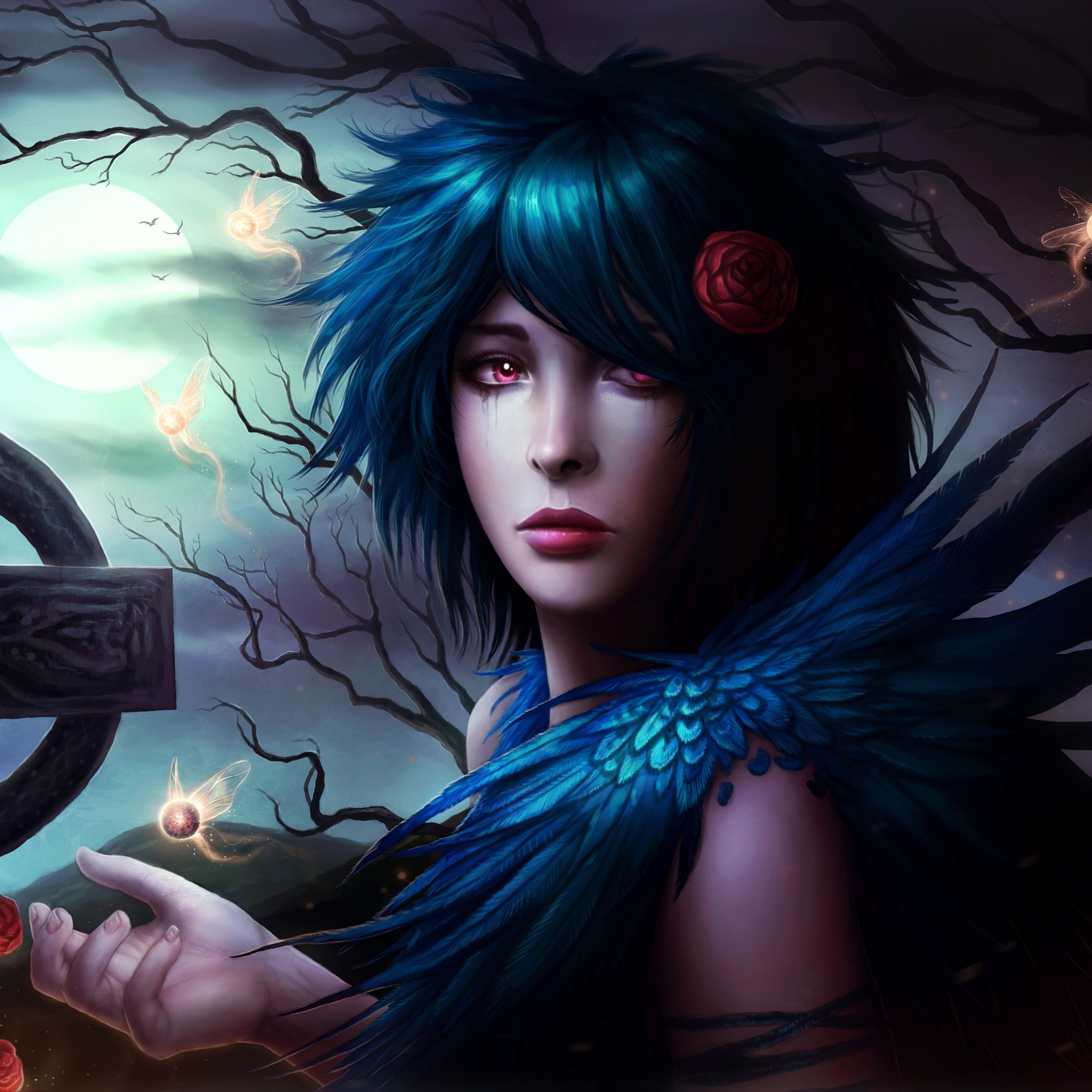 Free download wallpaper Fantasy, Gothic, Night, Moon, Flower, Dark, Sad, Fairy, Cross, Blue Hair on your PC desktop