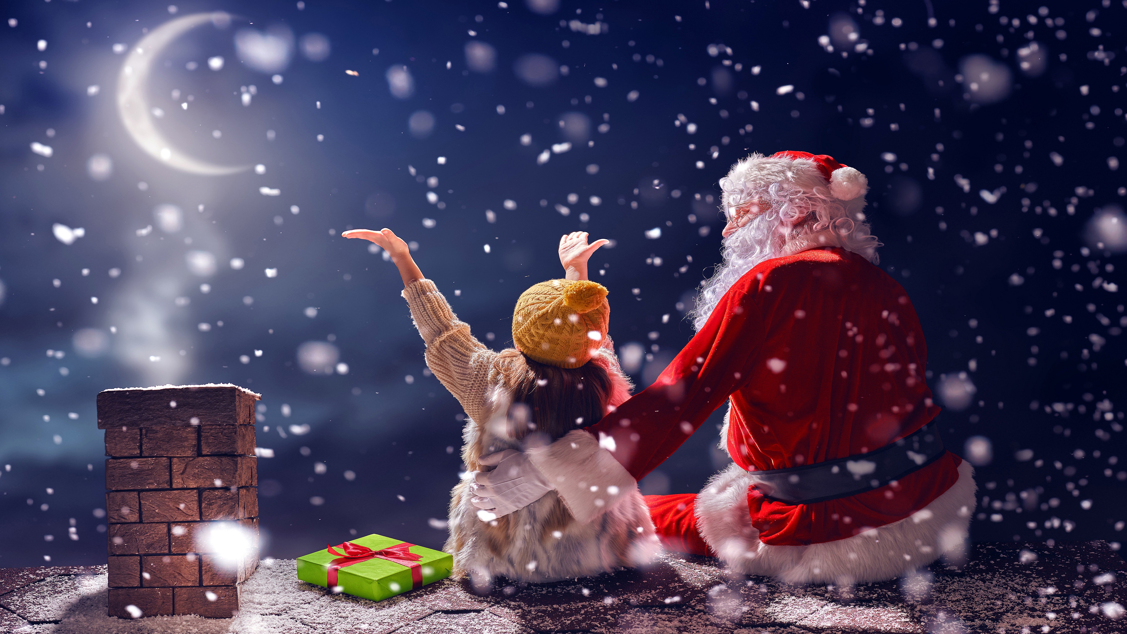Handy-Wallpaper Feiertage, Weihnachtsmann, Weihnachten, Schneefall, Nacht, Kleines Mädchen kostenlos herunterladen.
