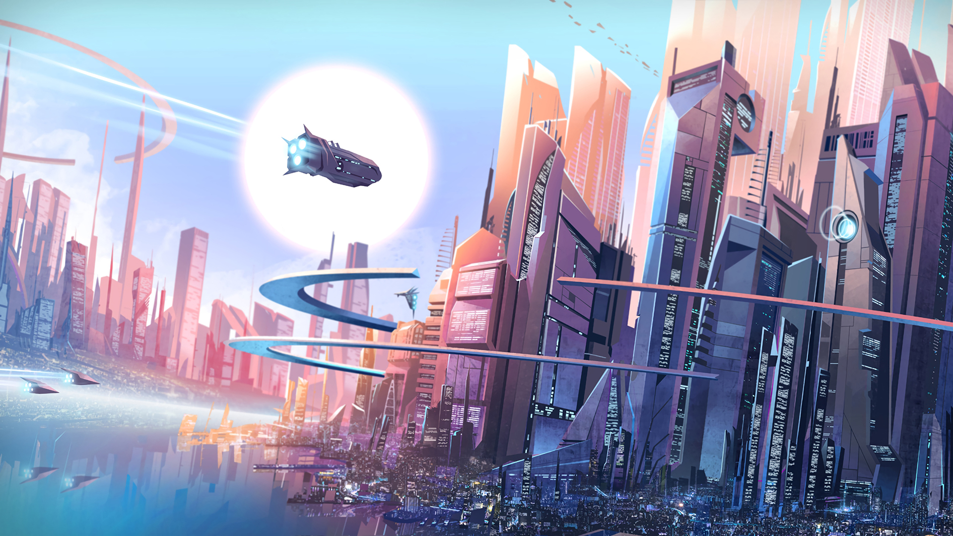Download mobile wallpaper Sun, City, Skyscraper, Building, Sci Fi, Futuristic City for free.