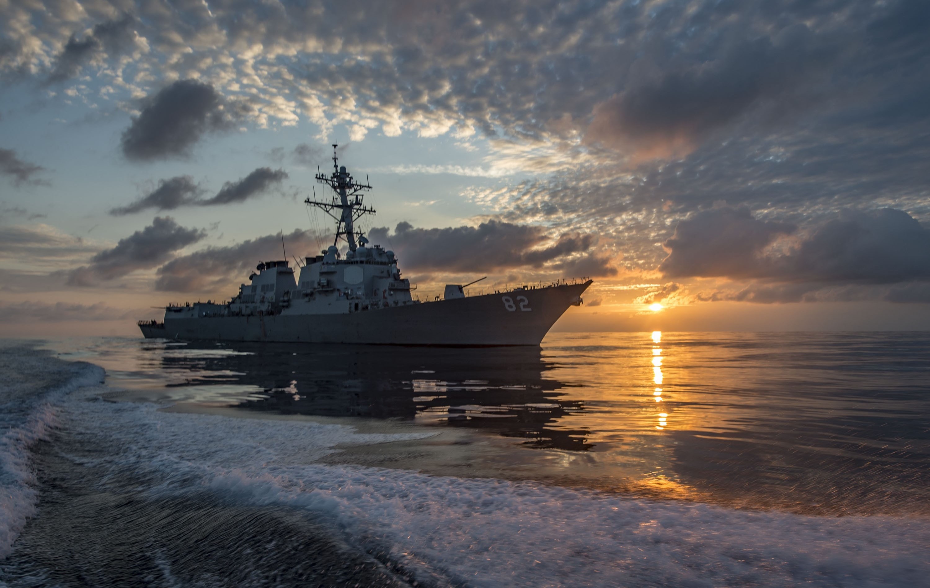 sunset, military, uss lassen (ddg 82), destroyer, horizon, warship, warships