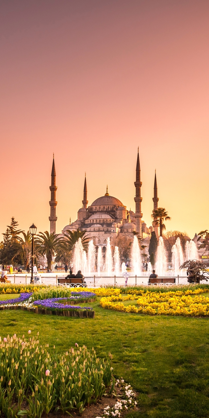 Скачать картинку Парк, Фонтан, Турция, Стамбул, Религиозные, Мечеть Султана Ахмеда, Голубая Мечеть, Мечети в телефон бесплатно.