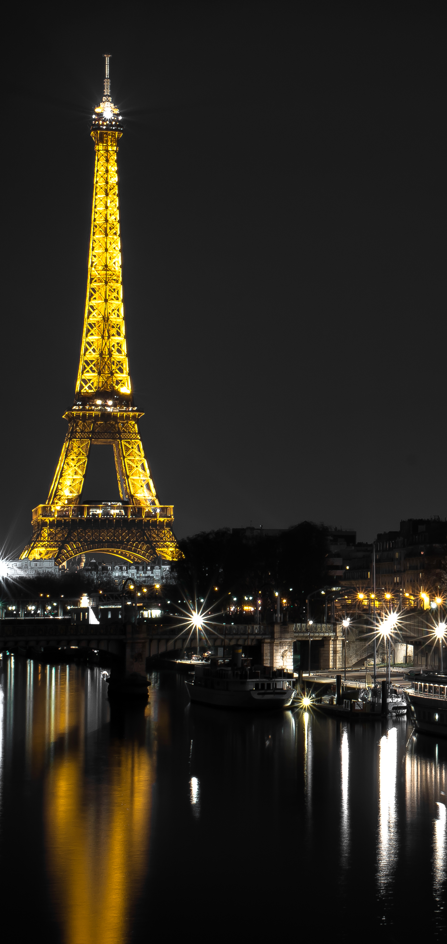 Download mobile wallpaper Night, Paris, Eiffel Tower, Monuments, Reflection, Light, France, River, Monument, Man Made for free.