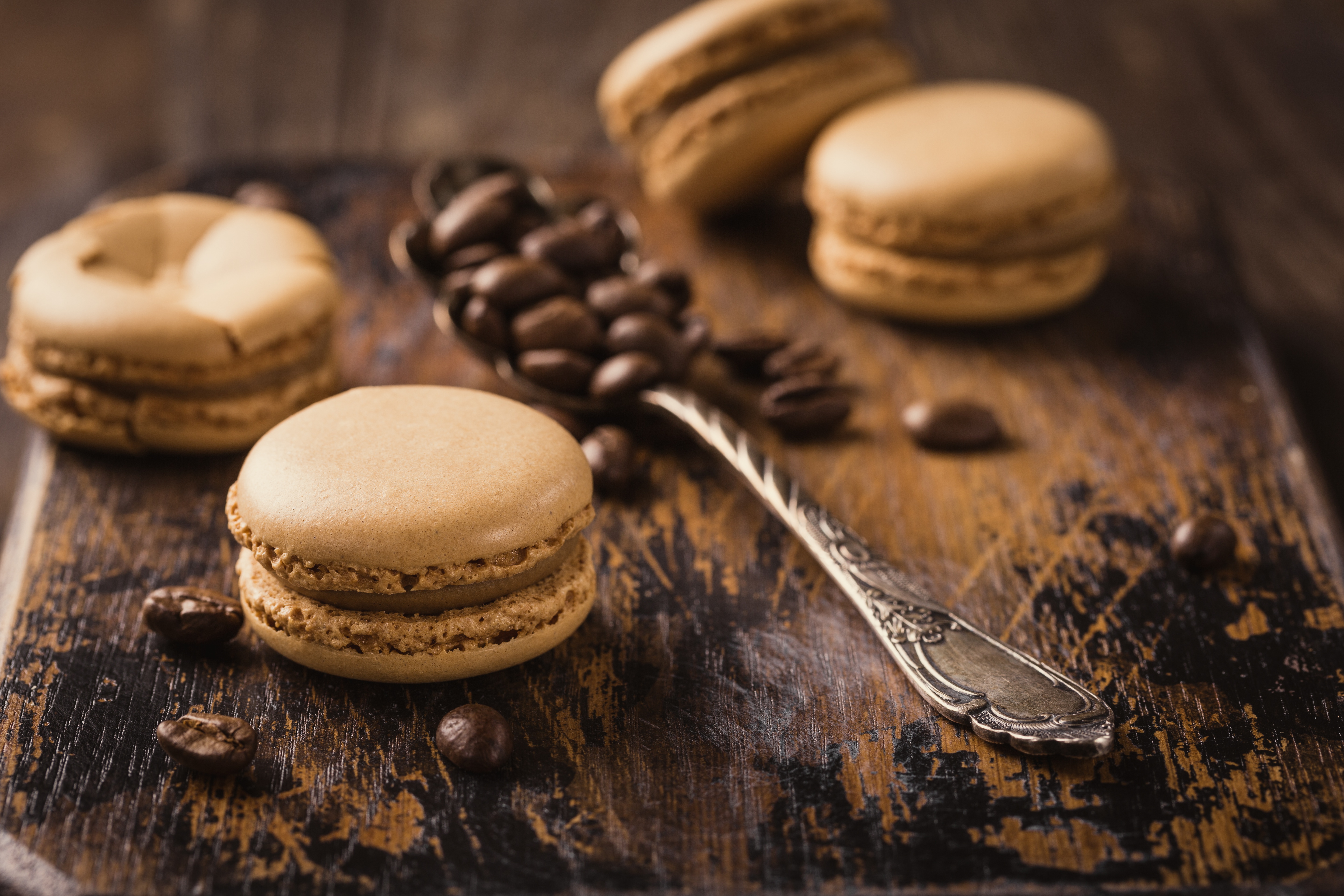 Download mobile wallpaper Food, Still Life, Coffee Beans, Sweets, Spoon, Macaron, Depth Of Field for free.