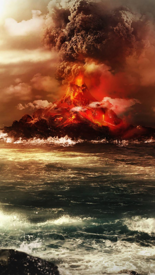 Download mobile wallpaper Landscape, Water, Smoke, Ocean, Earth, Explosion, Cloud, Volcano, Volcanoes for free.