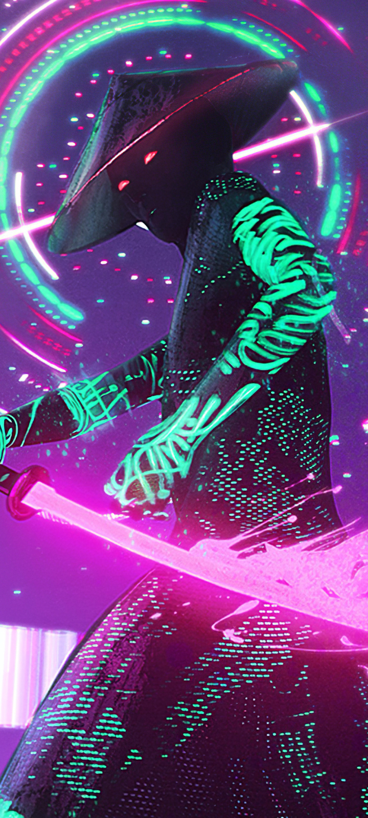 Download mobile wallpaper Cyberpunk, Neon, Warrior, Sci Fi, Samurai, Sword for free.