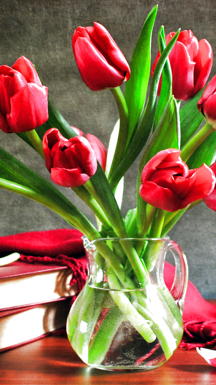 Download mobile wallpaper Still Life, Flower, Earth, Book, Tulip, Scarf, Red Flower, Pitcher for free.