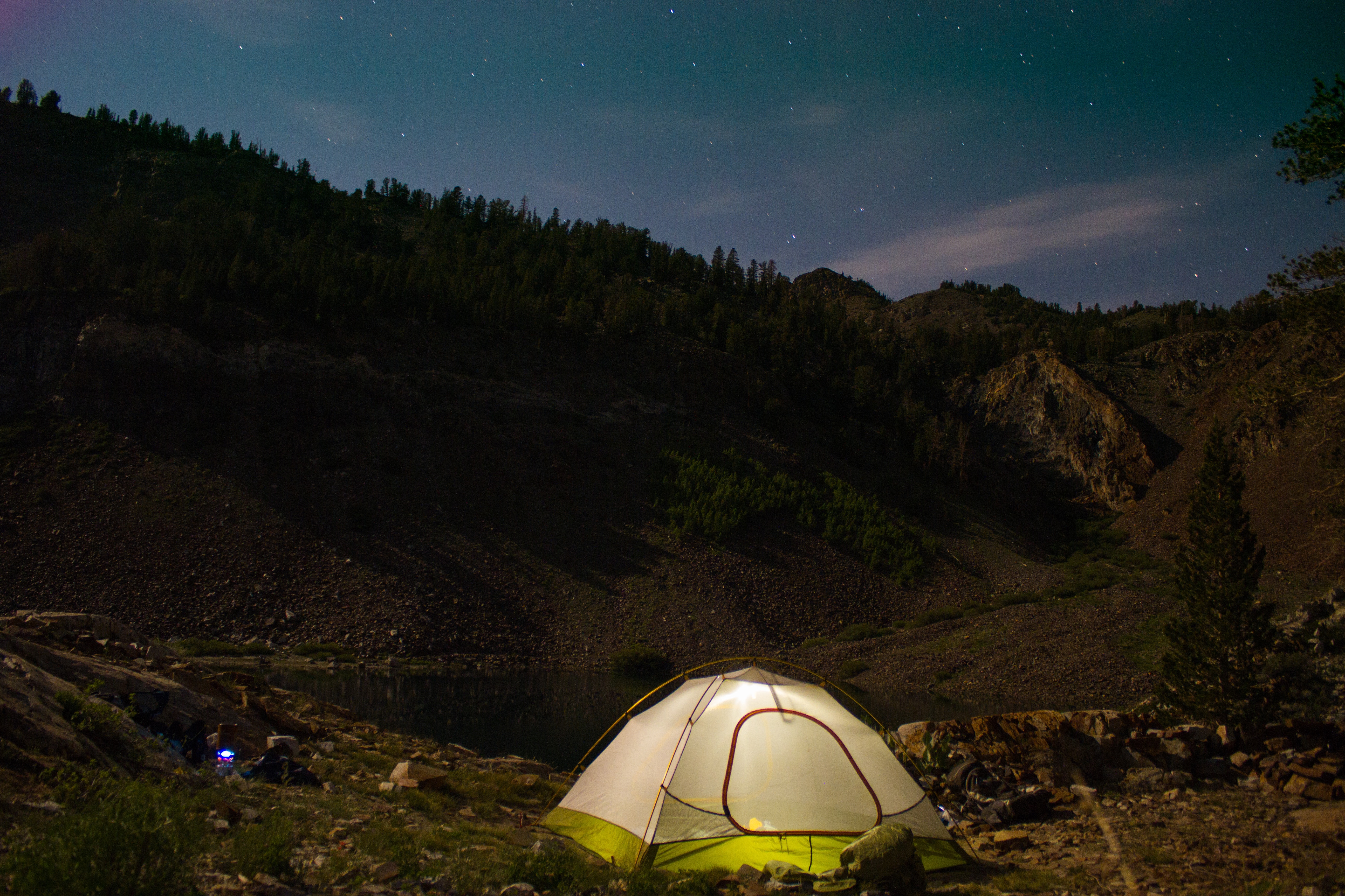campsite, nature, mountains, lake, evening, tent, camping