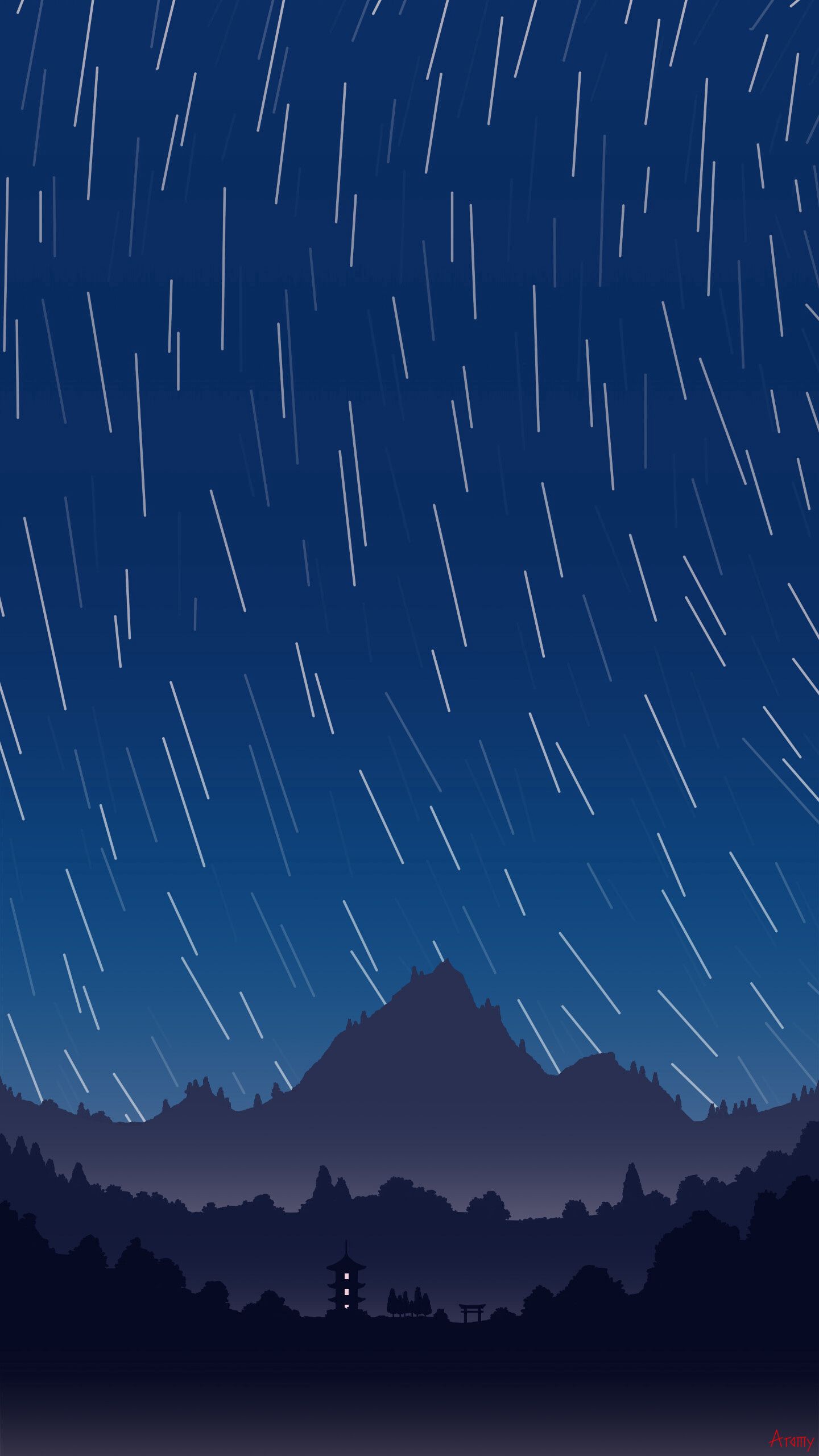 Download mobile wallpaper Vector, Mountains, Pagoda, Starry Sky, Night, Dark, Art for free.