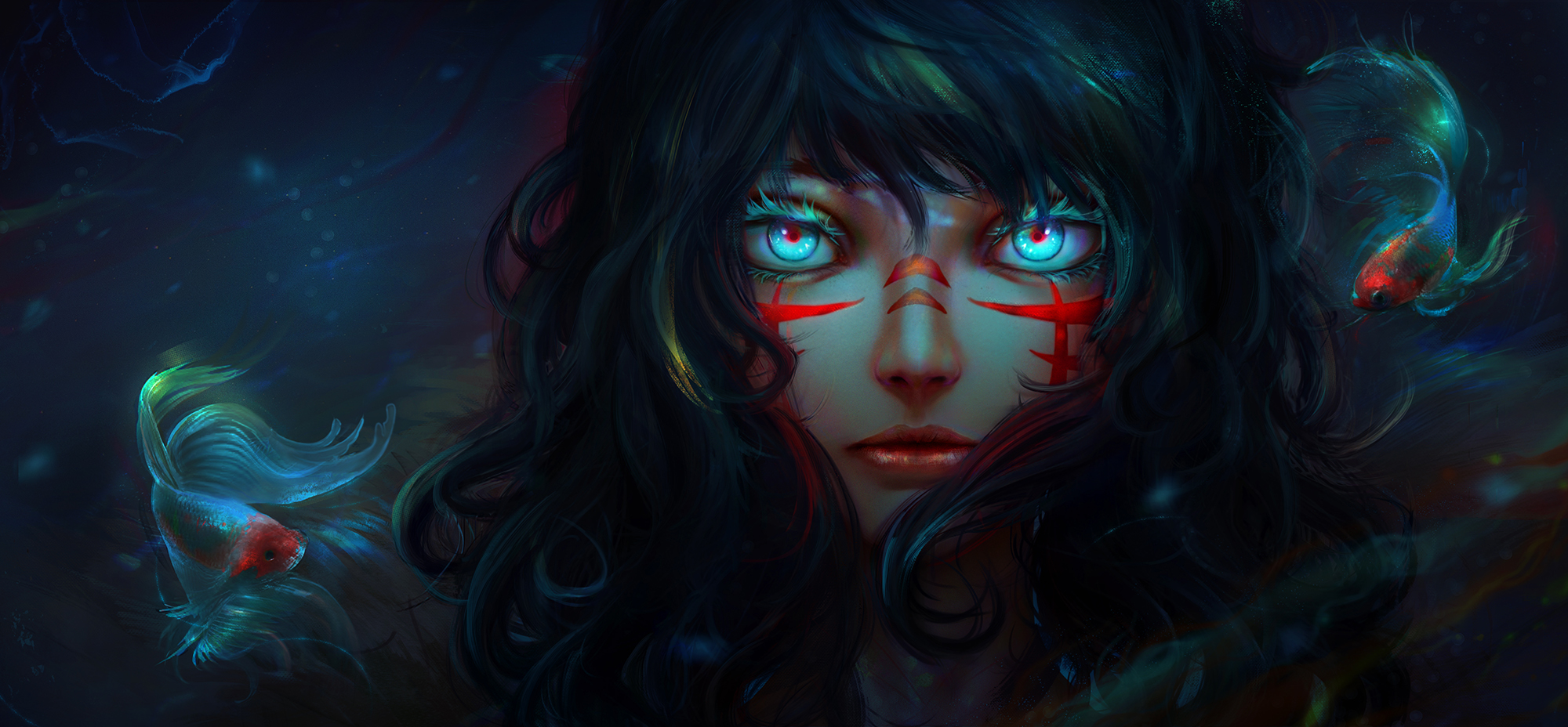 Free download wallpaper Fantasy, Fish, Face, Underwater, Women, Blue Eyes, Black Hair on your PC desktop