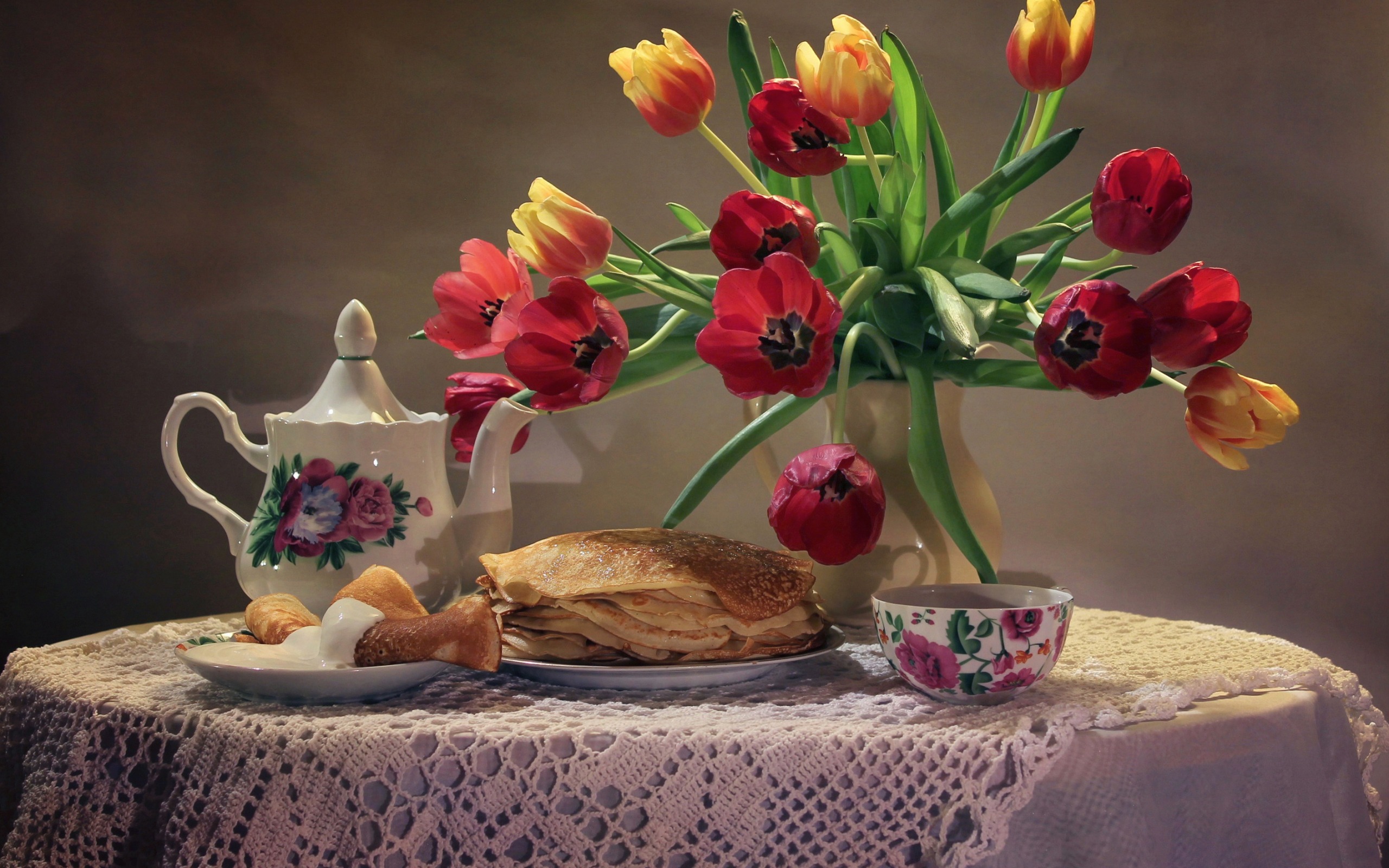 Download mobile wallpaper Food, Still Life, Flower, Vase, Tea, Tulip, Teapot, Crêpe for free.