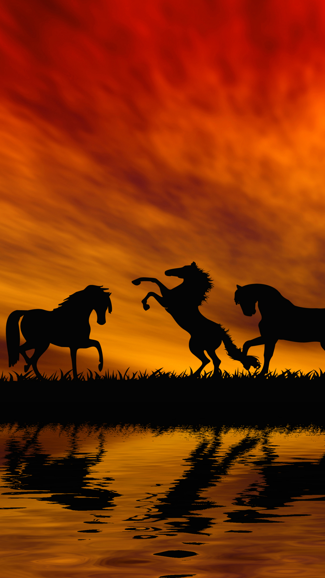 Download mobile wallpaper Sunset, Reflection, Silhouette, Animal, Horse, Orange (Color) for free.