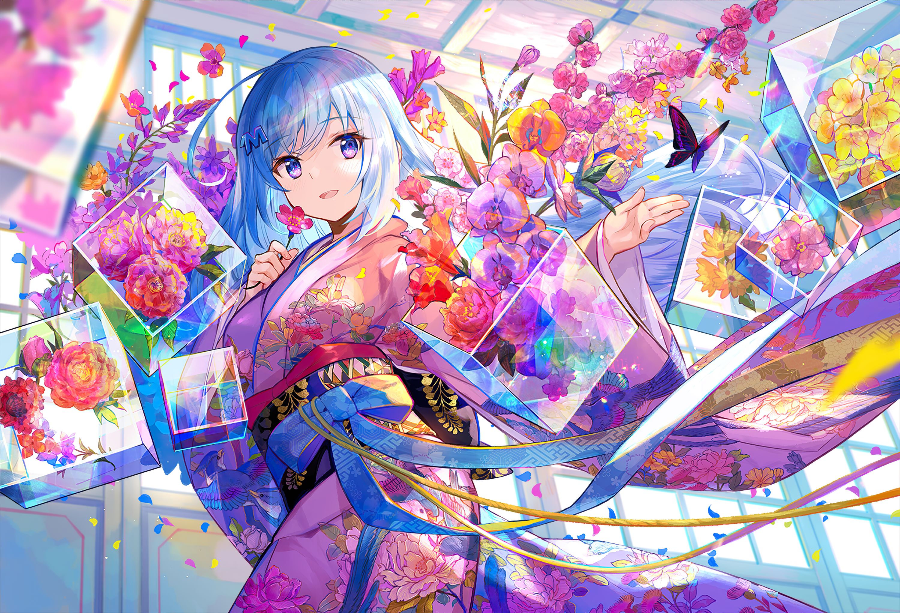 Download mobile wallpaper Anime, Flower, Butterfly, Kimono, Original, Blue Hair for free.