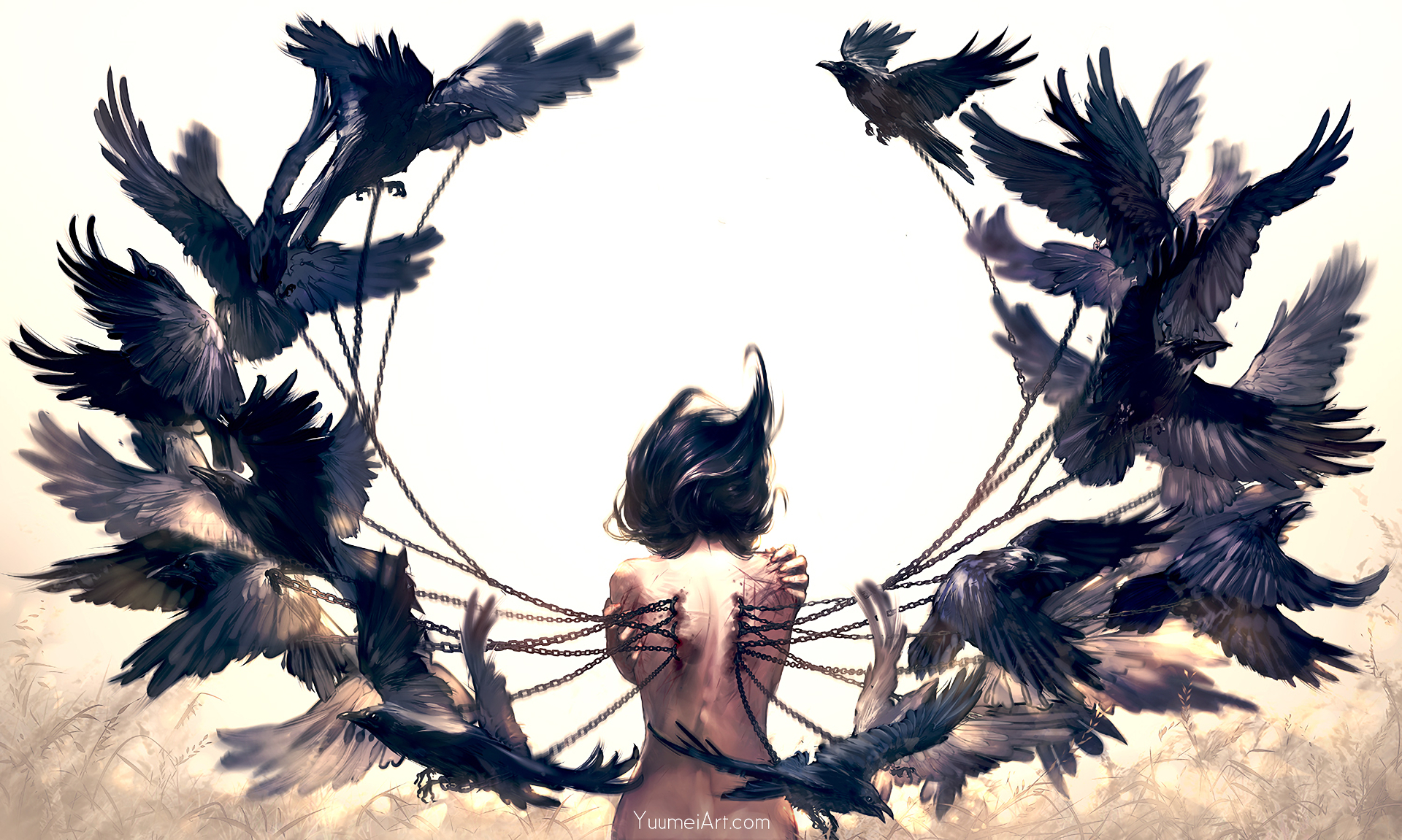 Download mobile wallpaper Fantasy, Crow, Chain, Women, Black Hair for free.