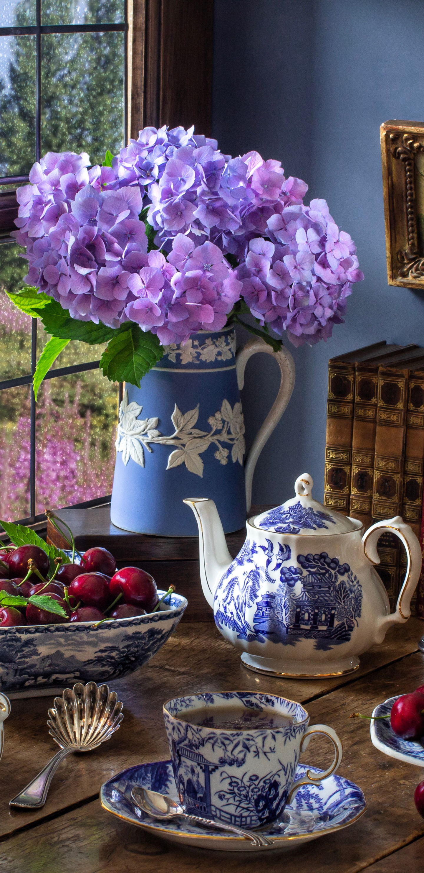 Download mobile wallpaper Still Life, Fruit, Tea, Hydrangea, Photography, Pitcher for free.