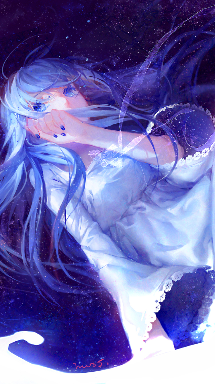 Download mobile wallpaper Anime, Dress, Blue Eyes, Original, Glitter, Blue Hair, Long Hair for free.