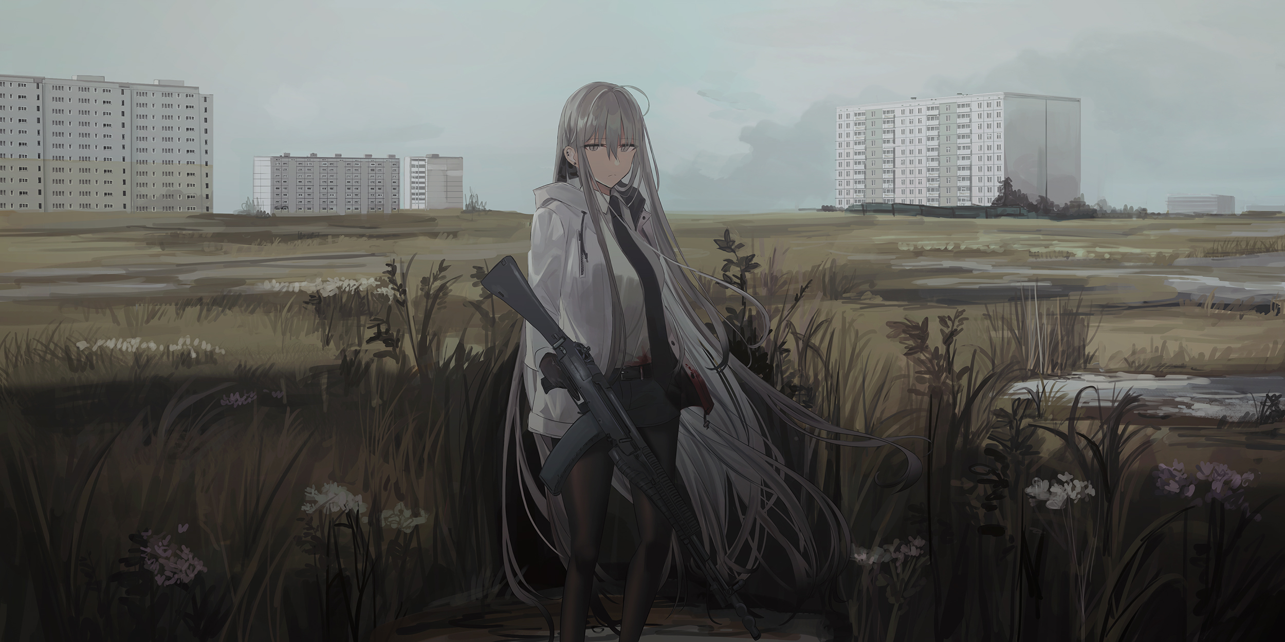 grey eyes, anime, original, firearm, gun, long hair, white hair