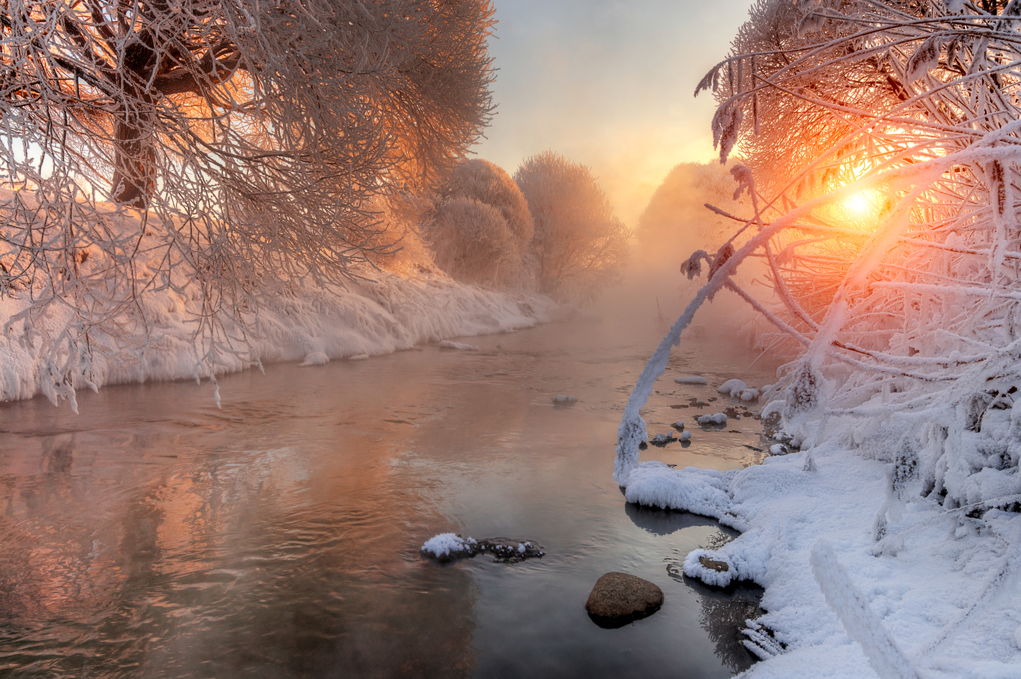 Download mobile wallpaper Winter, Nature, Sunset, Snow, Earth, River for free.