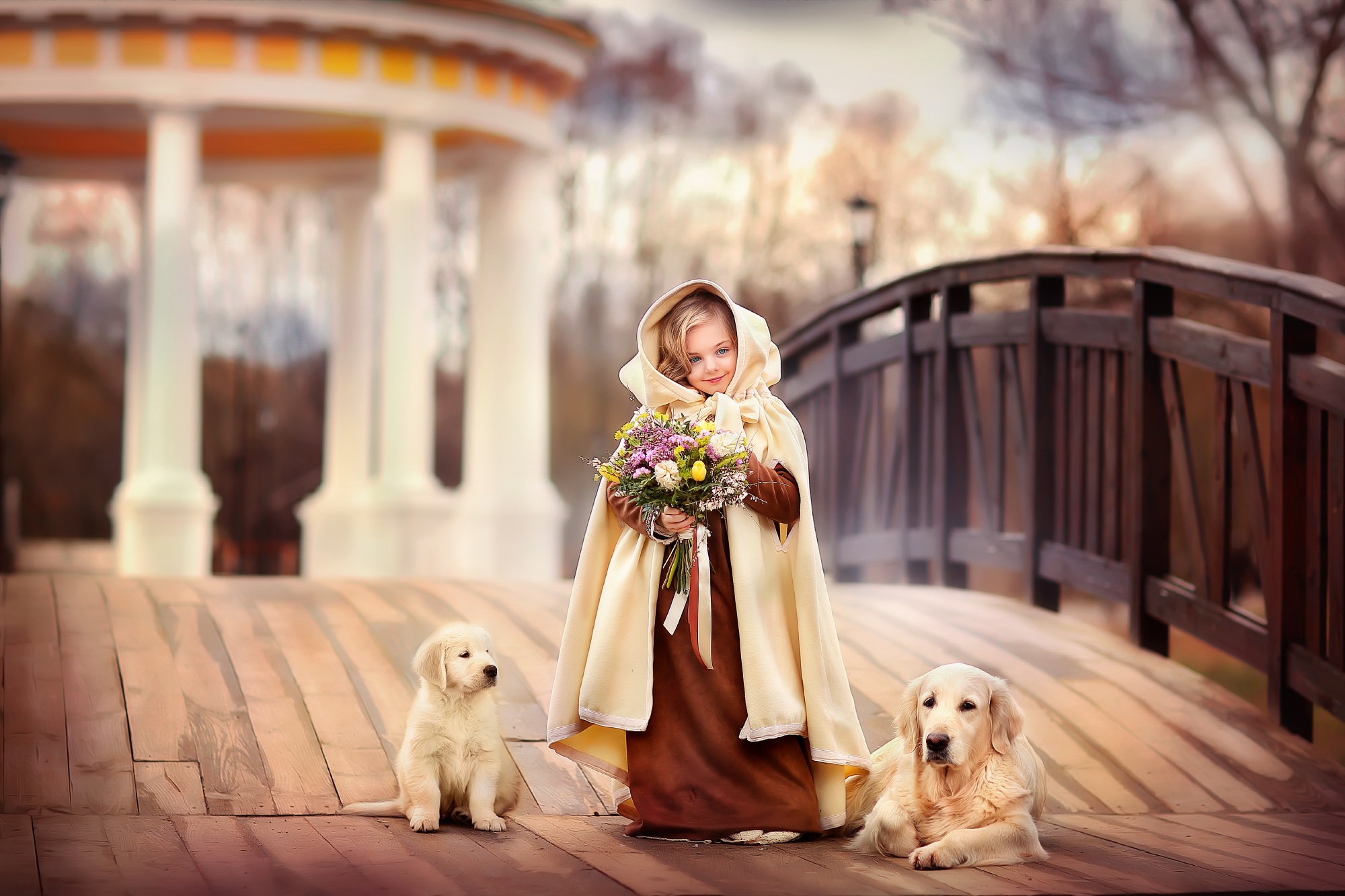 Free download wallpaper Dog, Bouquet, Puppy, Labrador, Child, Photography, Depth Of Field on your PC desktop