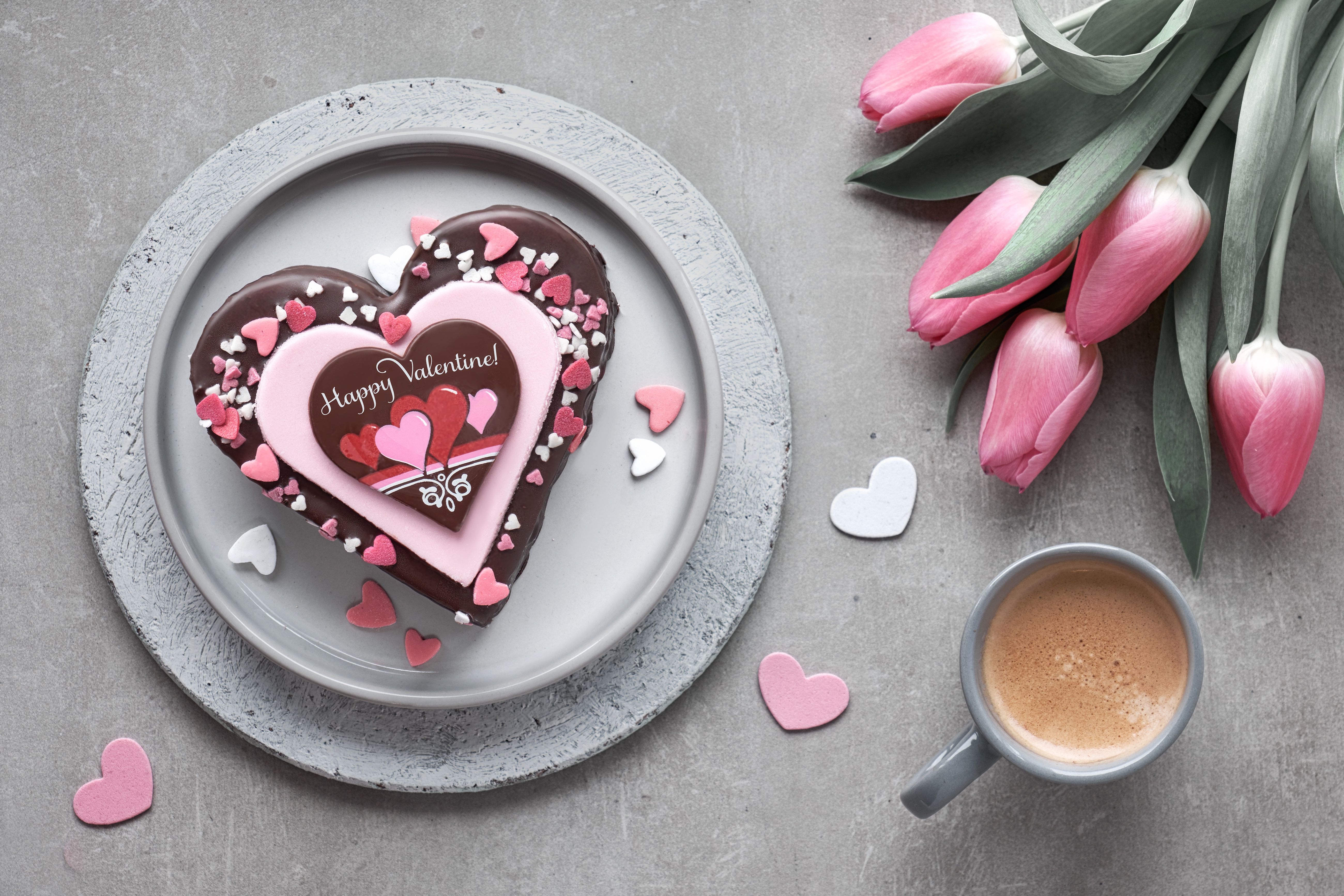 Download mobile wallpaper Valentine's Day, Coffee, Still Life, Holiday, Cake, Drink, Tulip, Pink Flower, Heart Shaped for free.
