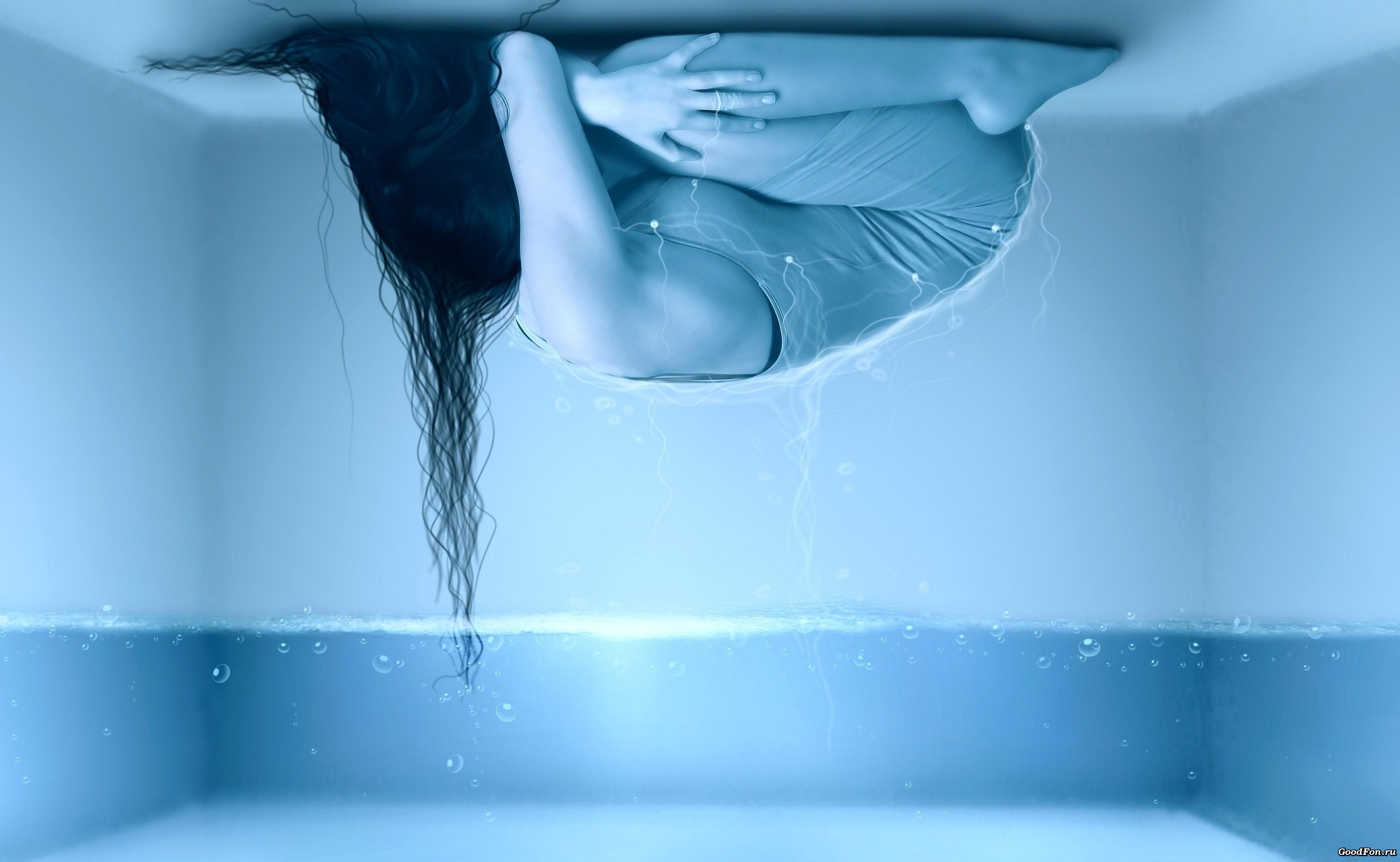 water, bubbles, miscellanea, miscellaneous, lies, girl, room, loneliness, hair, ceiling
