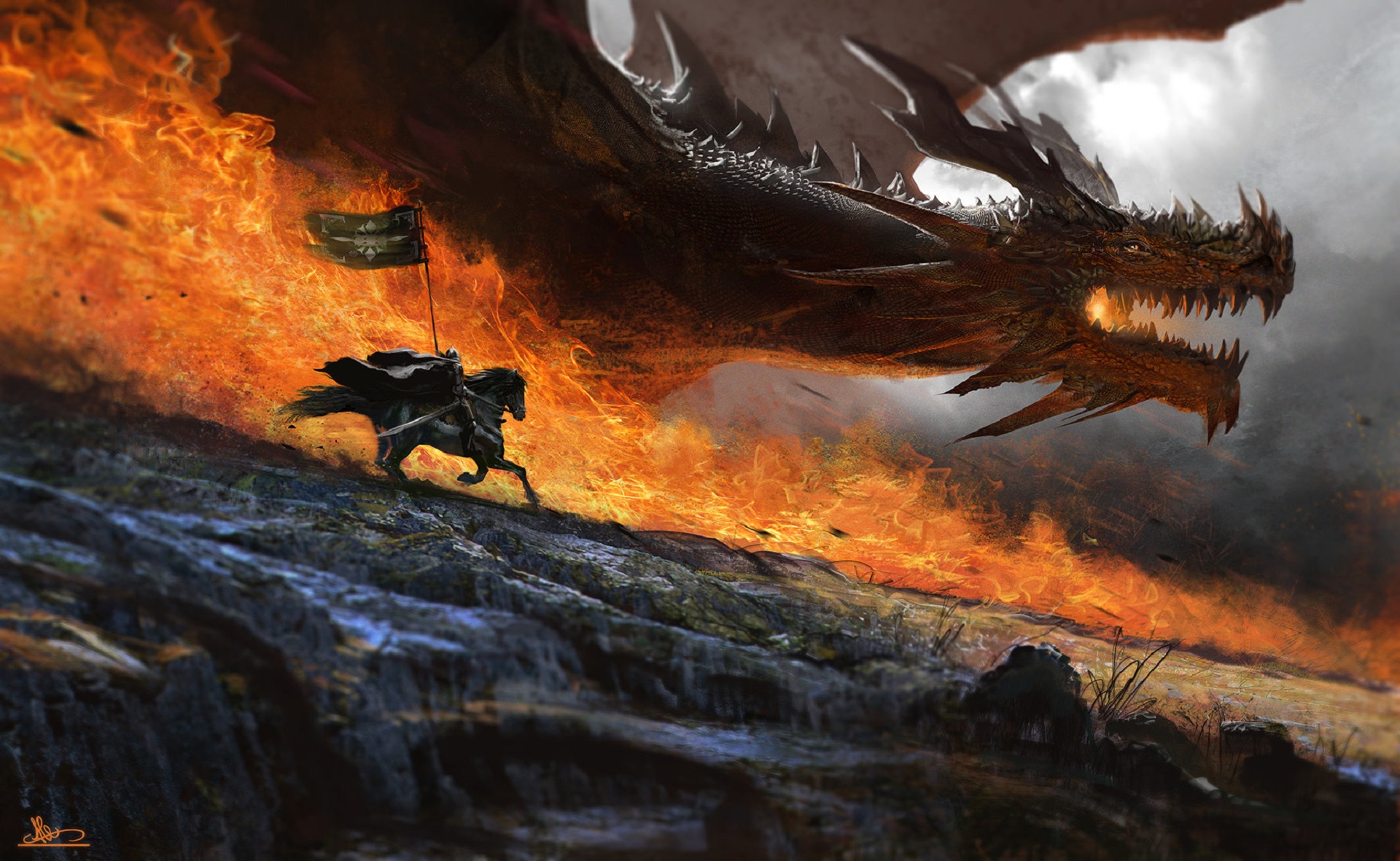 Download mobile wallpaper Fantasy, Fire, Dragon, Warrior, Knight, Banner for free.